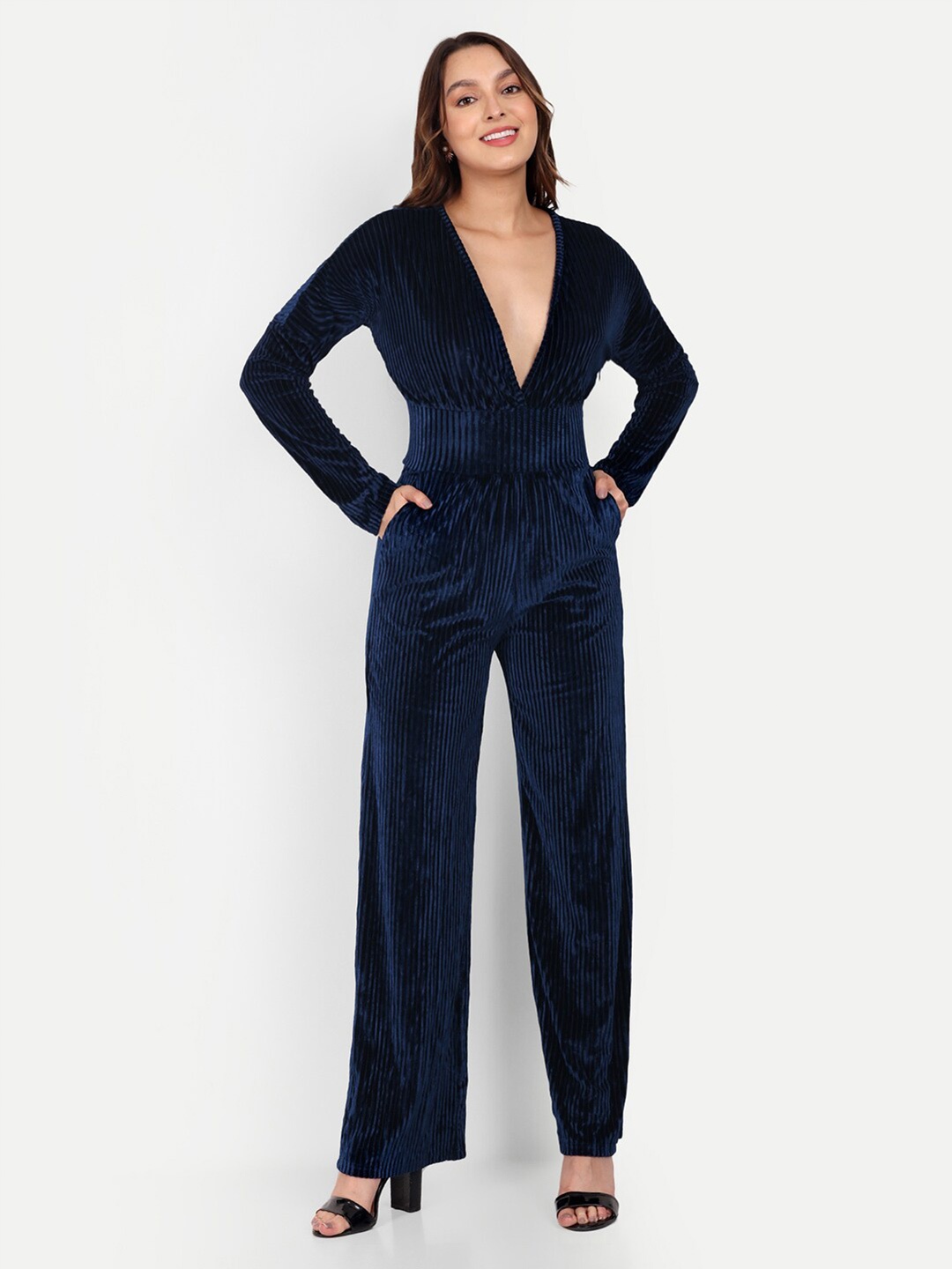 

iki chic Women V-Neck Long Sleeves Basic Jumpsuit, Navy blue