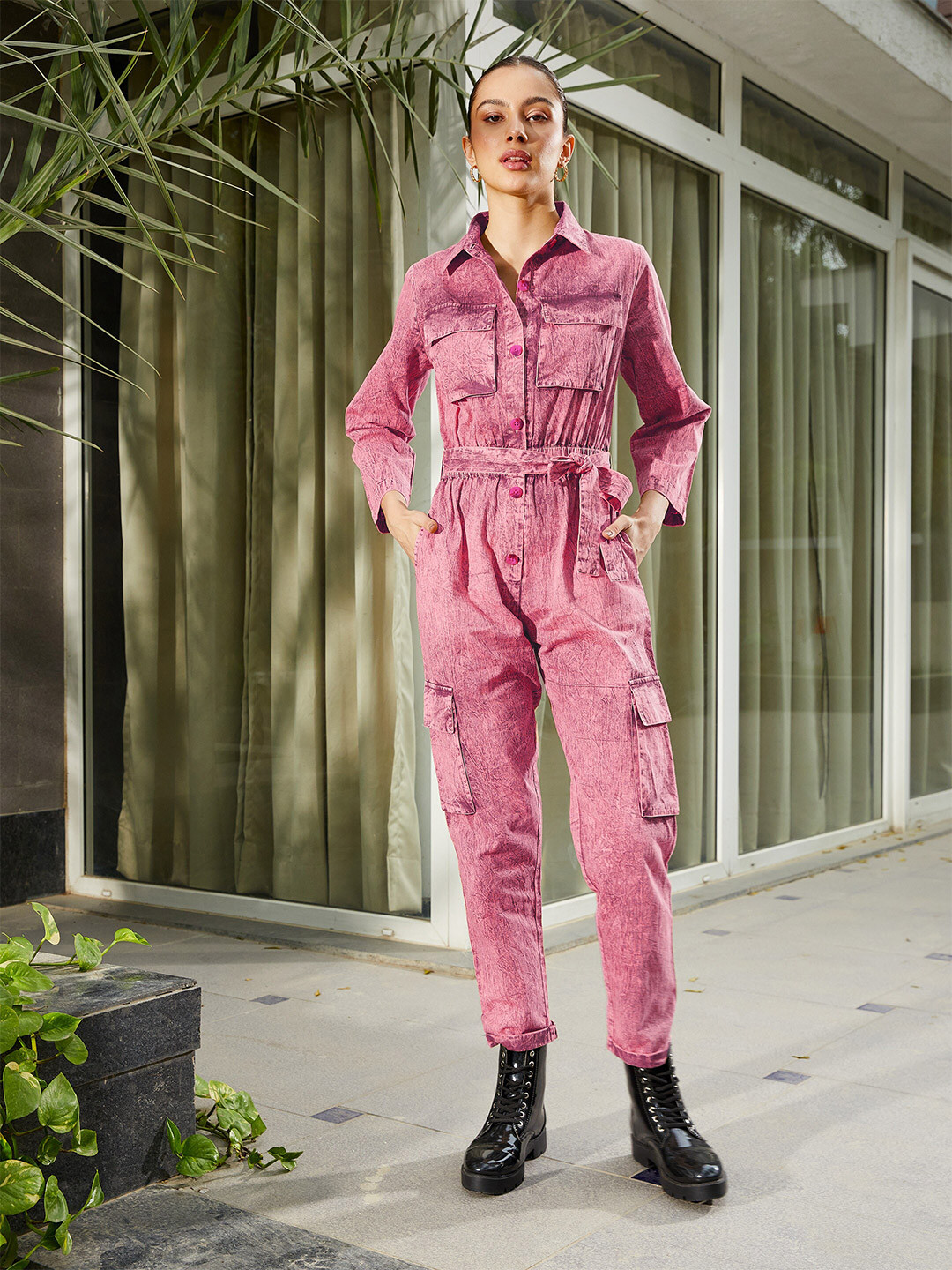 

SASSAFRAS Women Shirt Collar Long Sleeves Cotton Cargo Jumpsuit, Pink