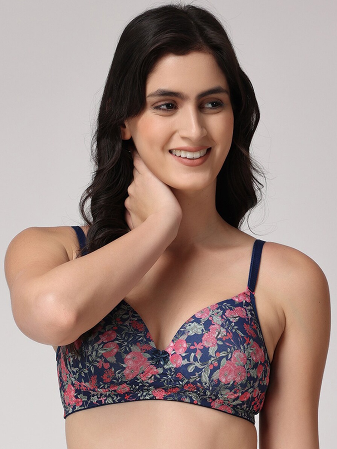 

Floret Floral Full Coverage Lightly Padded Cotton Bra, Navy blue