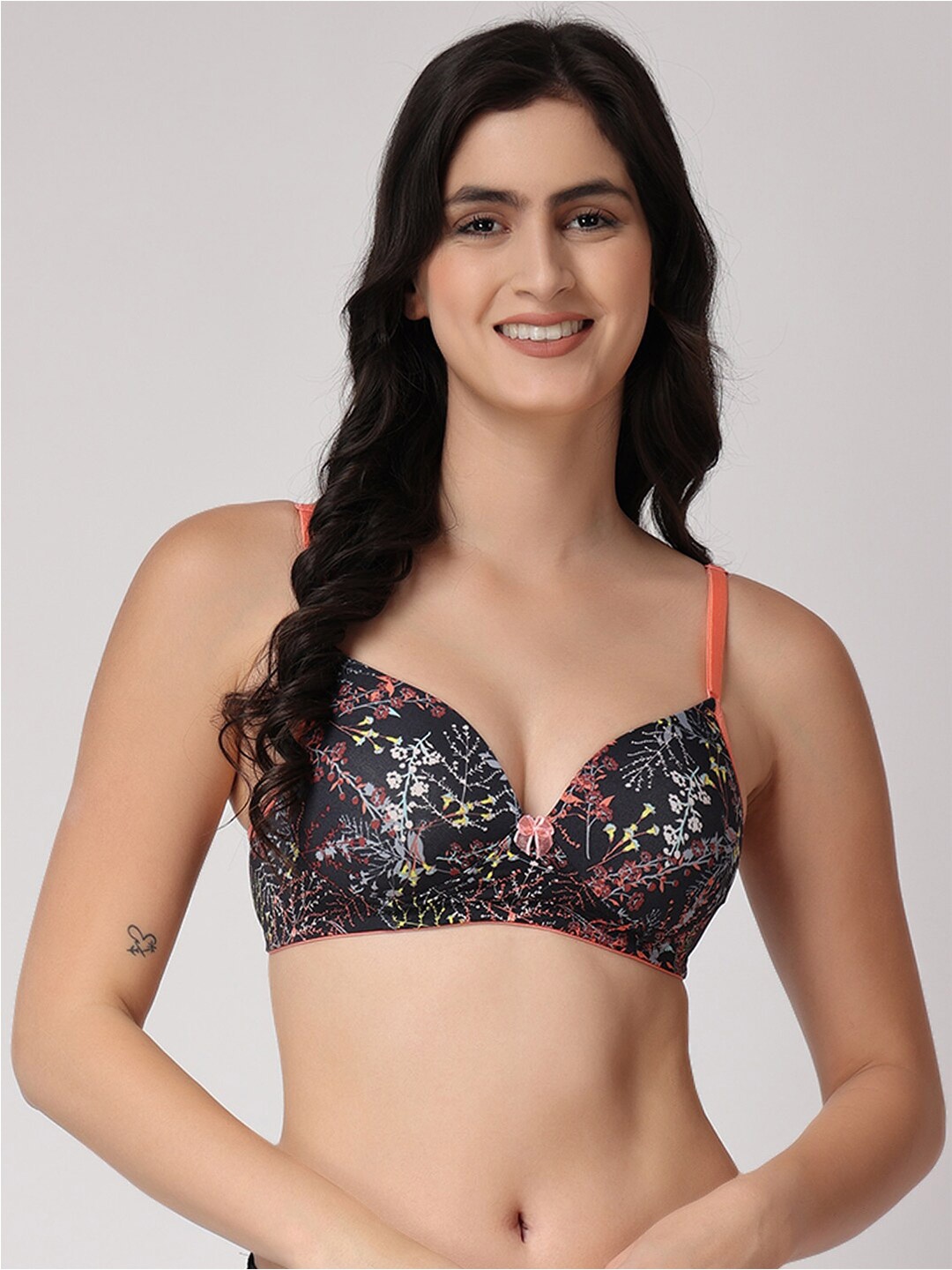 

Floret Floral Full Coverage Lightly Padded Bra, Black