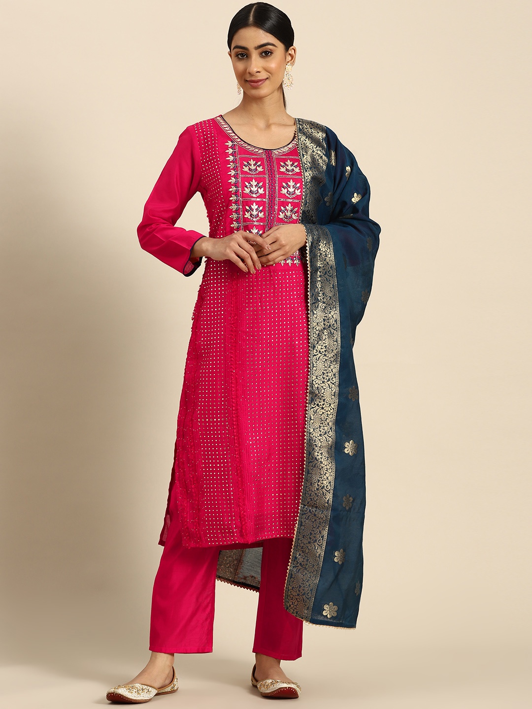 

all about you Ethnic Motifs Embroidered Chanderi Silk Kurta with Trousers & With Dupatta, Pink