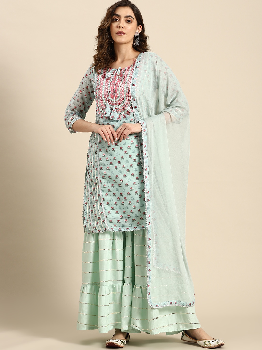 

all about you Ethnic Motifs Embroidered Gotta Patti Chanderi Silk Kurta With Sharara, Sea green