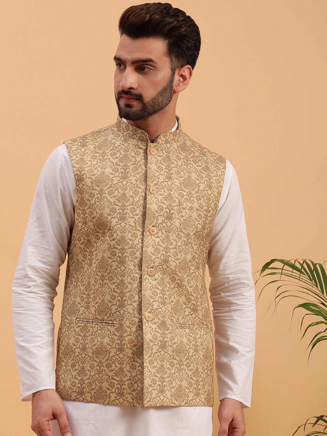 

NAMASKAR Printed Pure Cotton Nehru Jacket, Gold