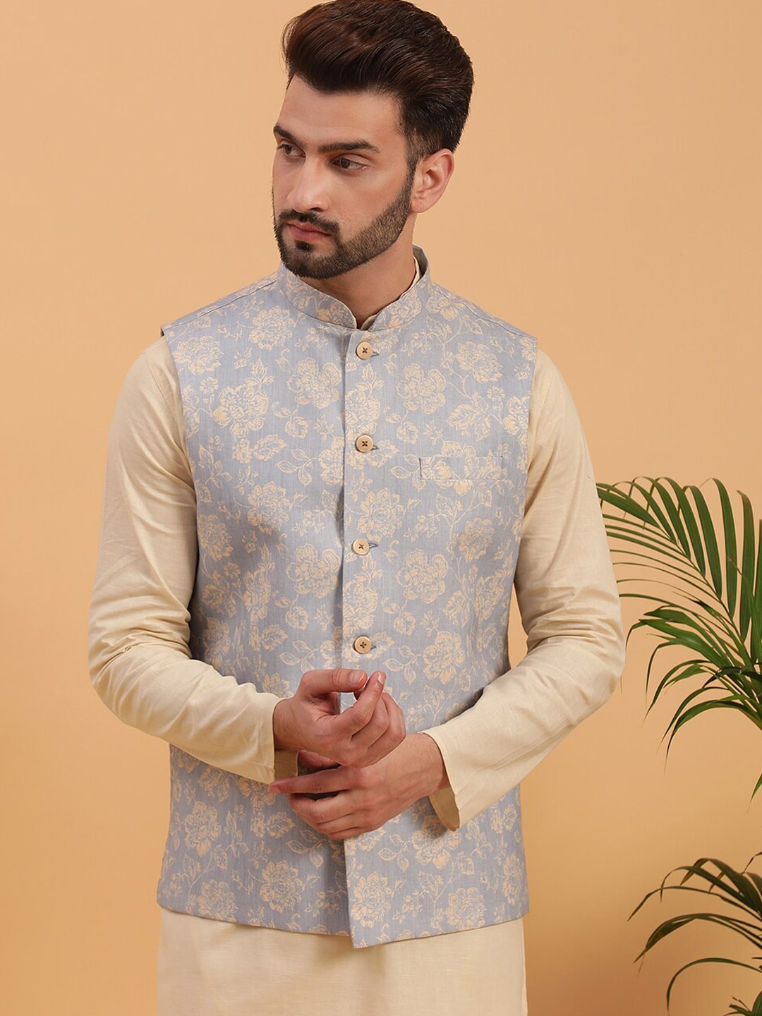 

NAMASKAR Printed Pure Cotton Nehru Jacket, Grey