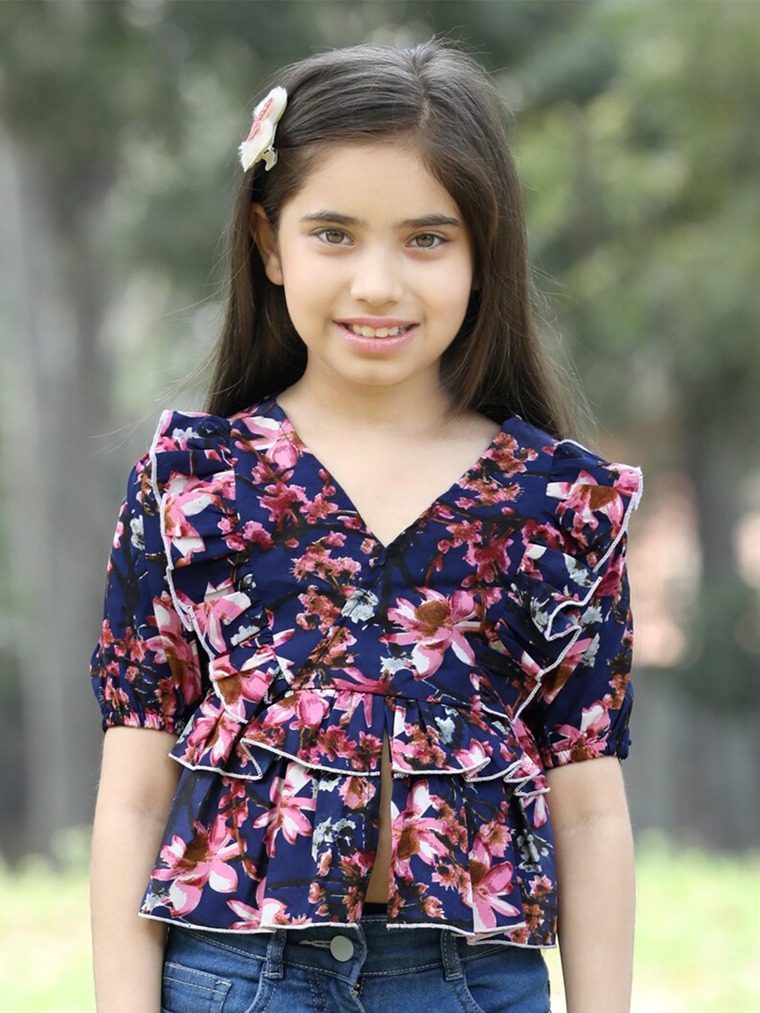 

Cutiekins Girls Floral Printed V-Neck Ruffles Peplum Top, Navy blue