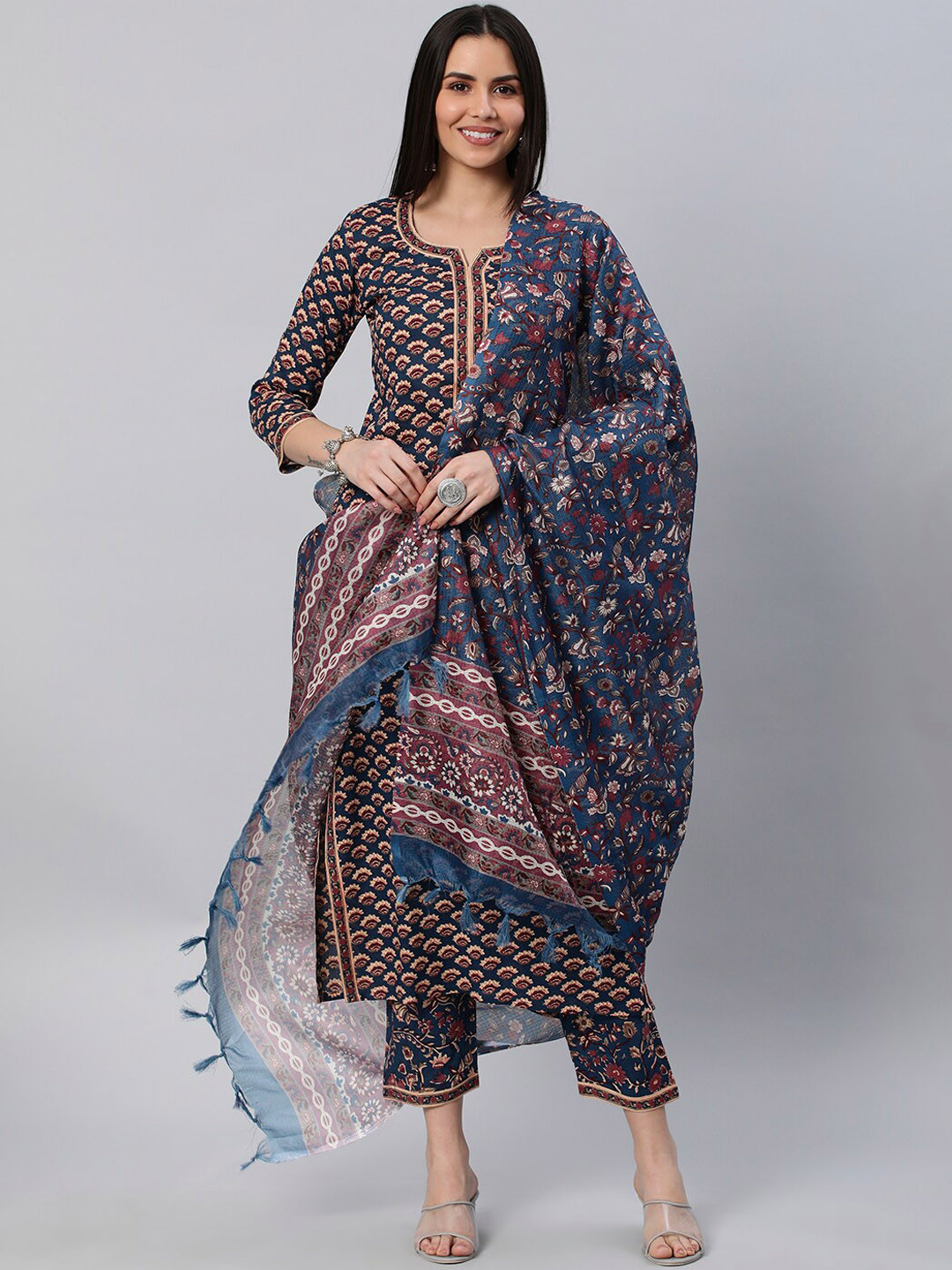 

KALINI Notched Neck Floral Printed Straight Kurta with Trousers & Dupatta, Navy blue