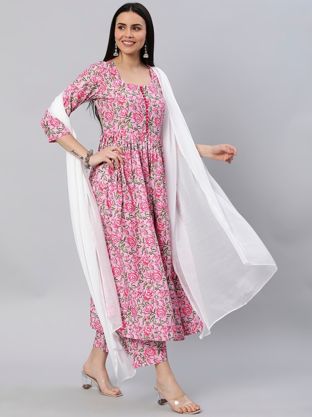 

KALINI Floral Printed Anarkali Kurta With Palazzos & Dupatta, Pink
