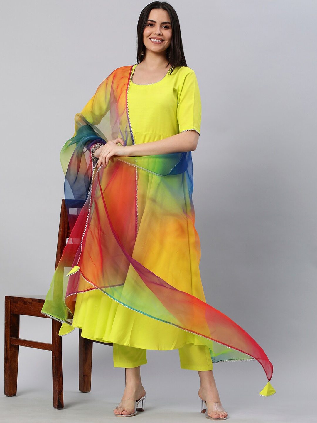 

KALINI Gotta Patti Anarkali Kurta with Trousers & Dupatta, Green