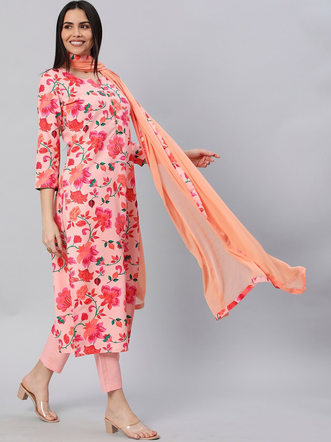 

KALINI Notched Neck Floral Printed Kurta with Trousers & Dupatta, Peach