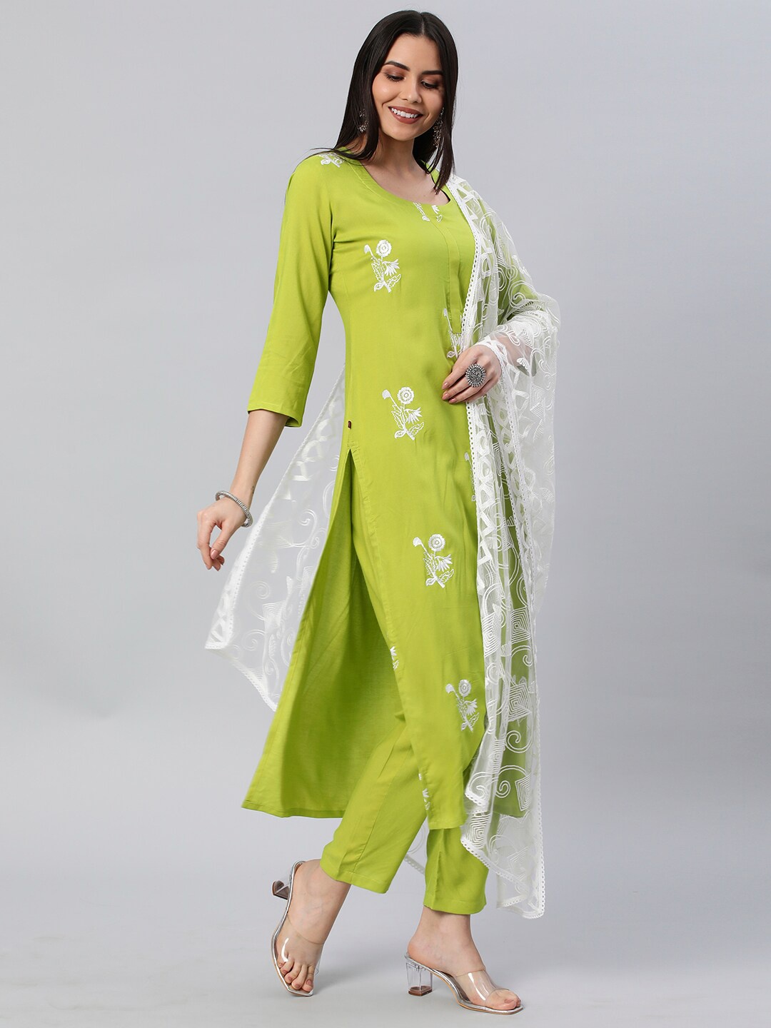 

KALINI Floral Embroidered Kurta with Trousers & Dupatta, Lime green