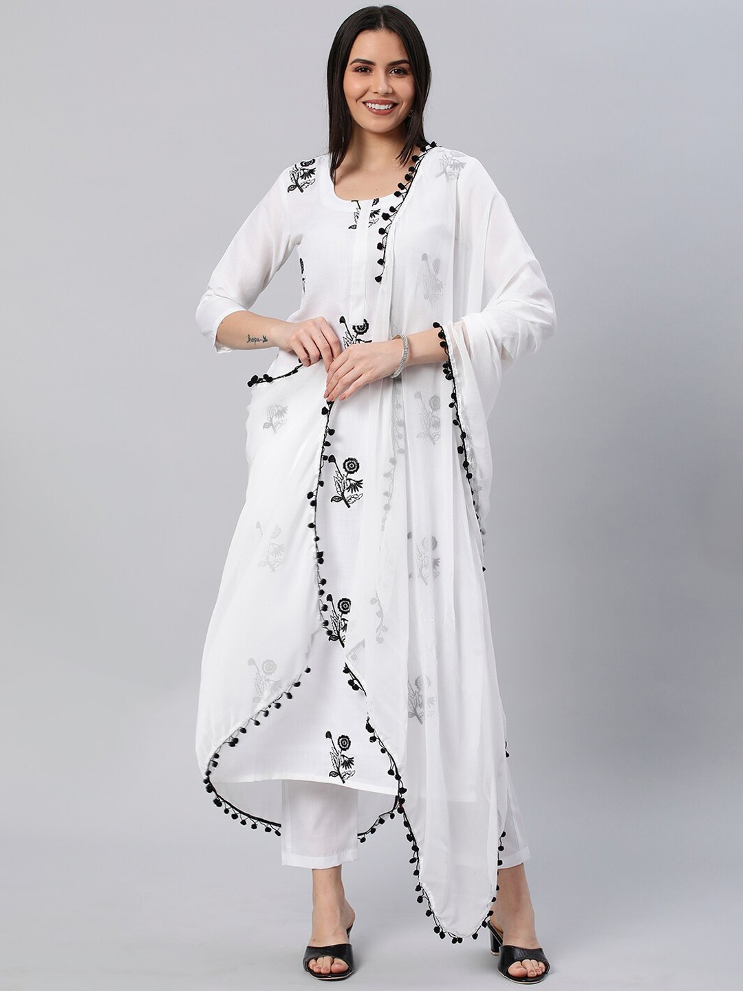 

KALINI Floral Embroidered Kurta with Trousers & Dupatta, White