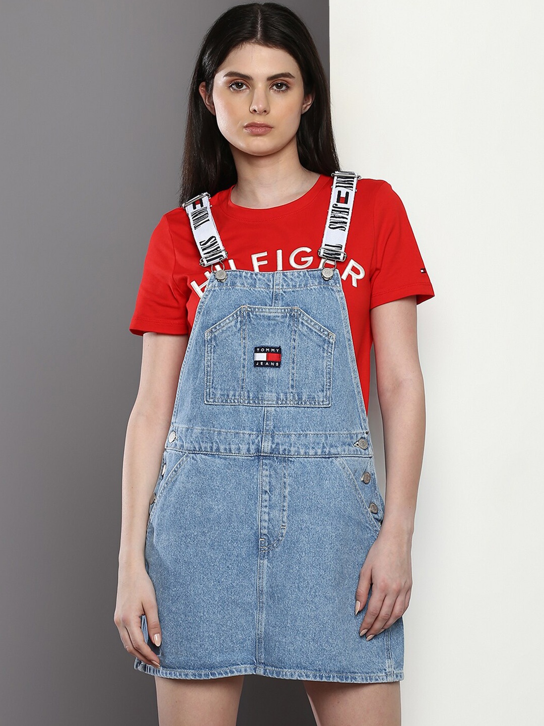 

Tommy Hilfiger Cotton Pinafore Dress With Printed T-Shirt, Blue