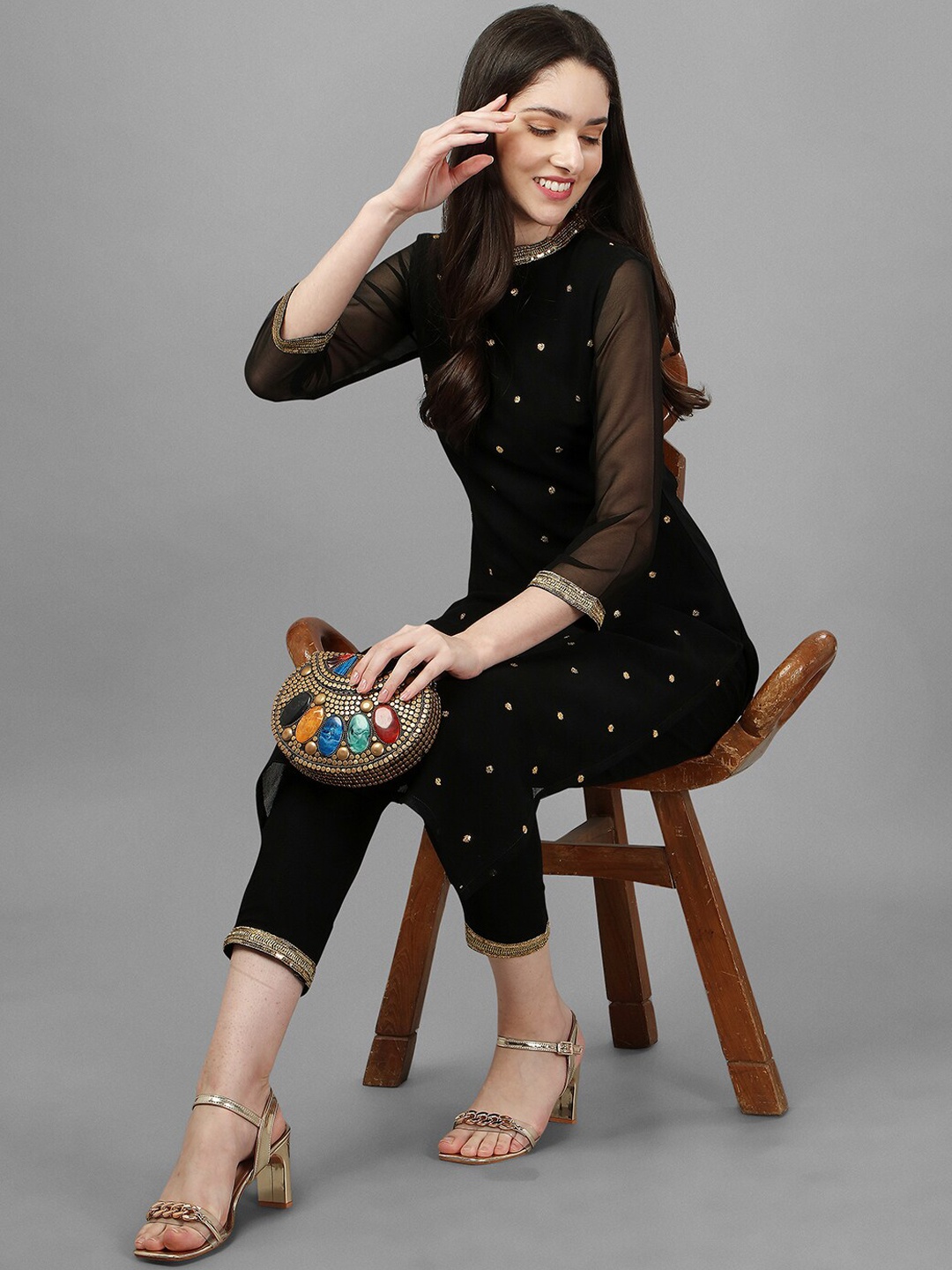 

GORGONE Black Georgette Sequence Embroidery Mandarin Collar 3/4th Sleeves Kurta