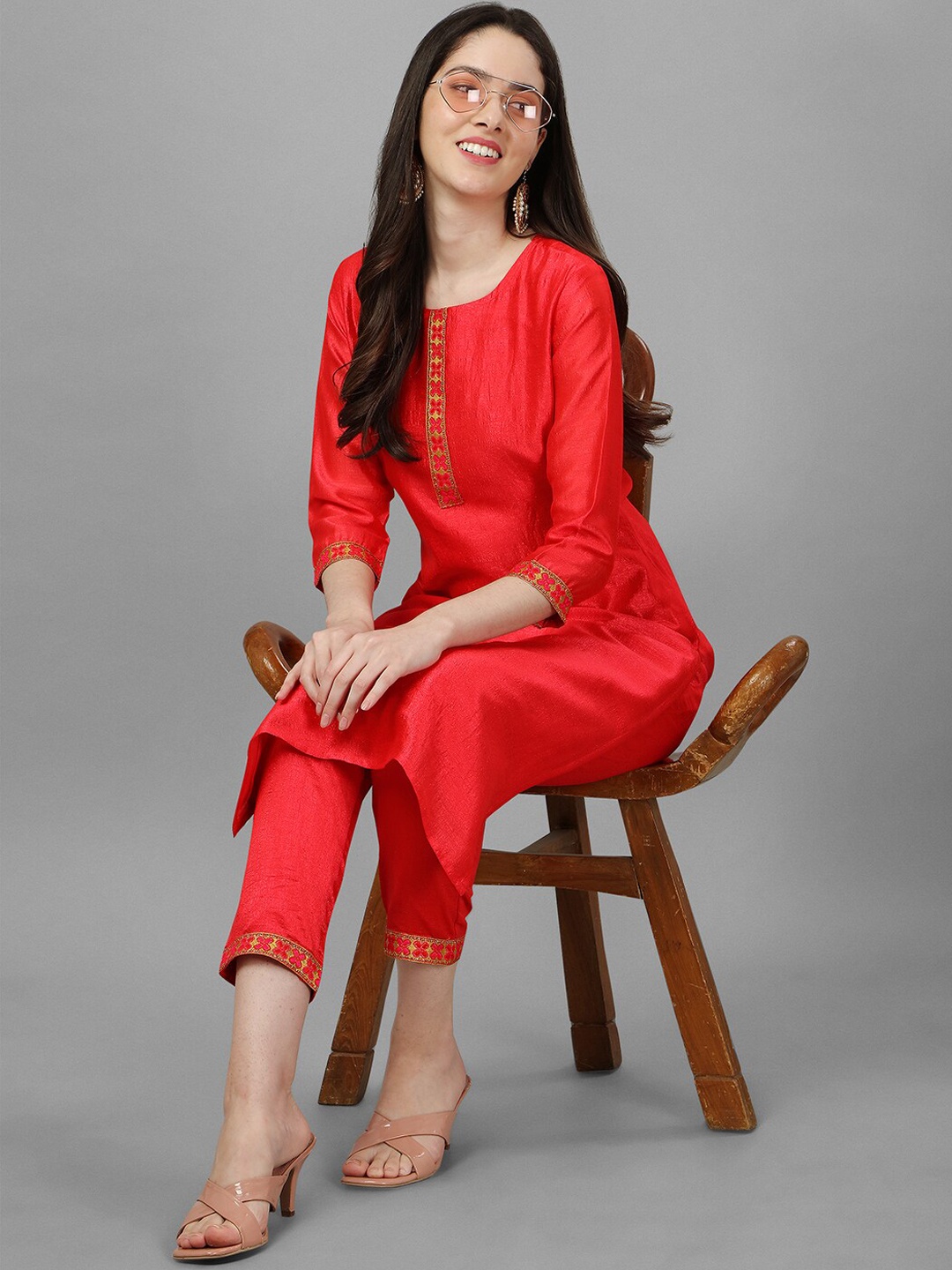 

GORGONE Gajri Silk Blend Woven Lace Round Neck 3/4th Sleeves Kurta, Orange