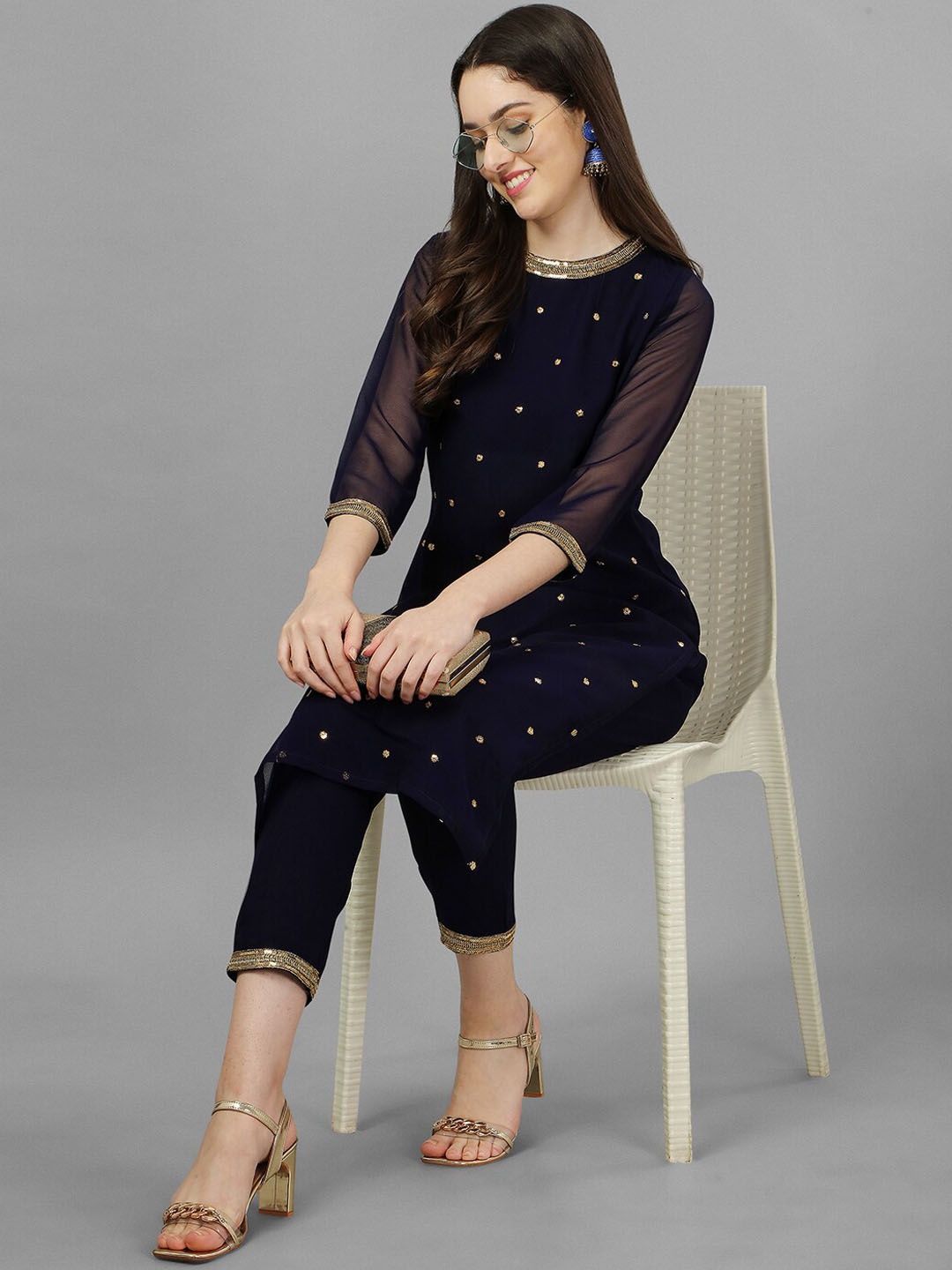 

GORGONE Georgette Sequence Embroidery Mandarin Collar 3/4th Sleeves Kurta, Blue