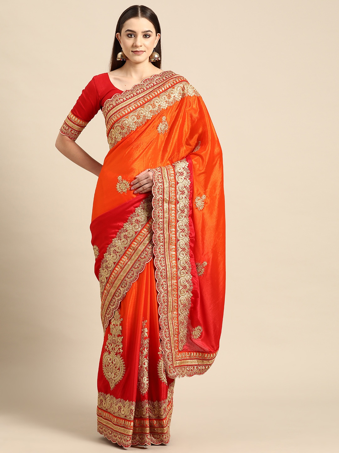 

MANOHARI Orange Ethnic Motifs Poly Chiffon Saree