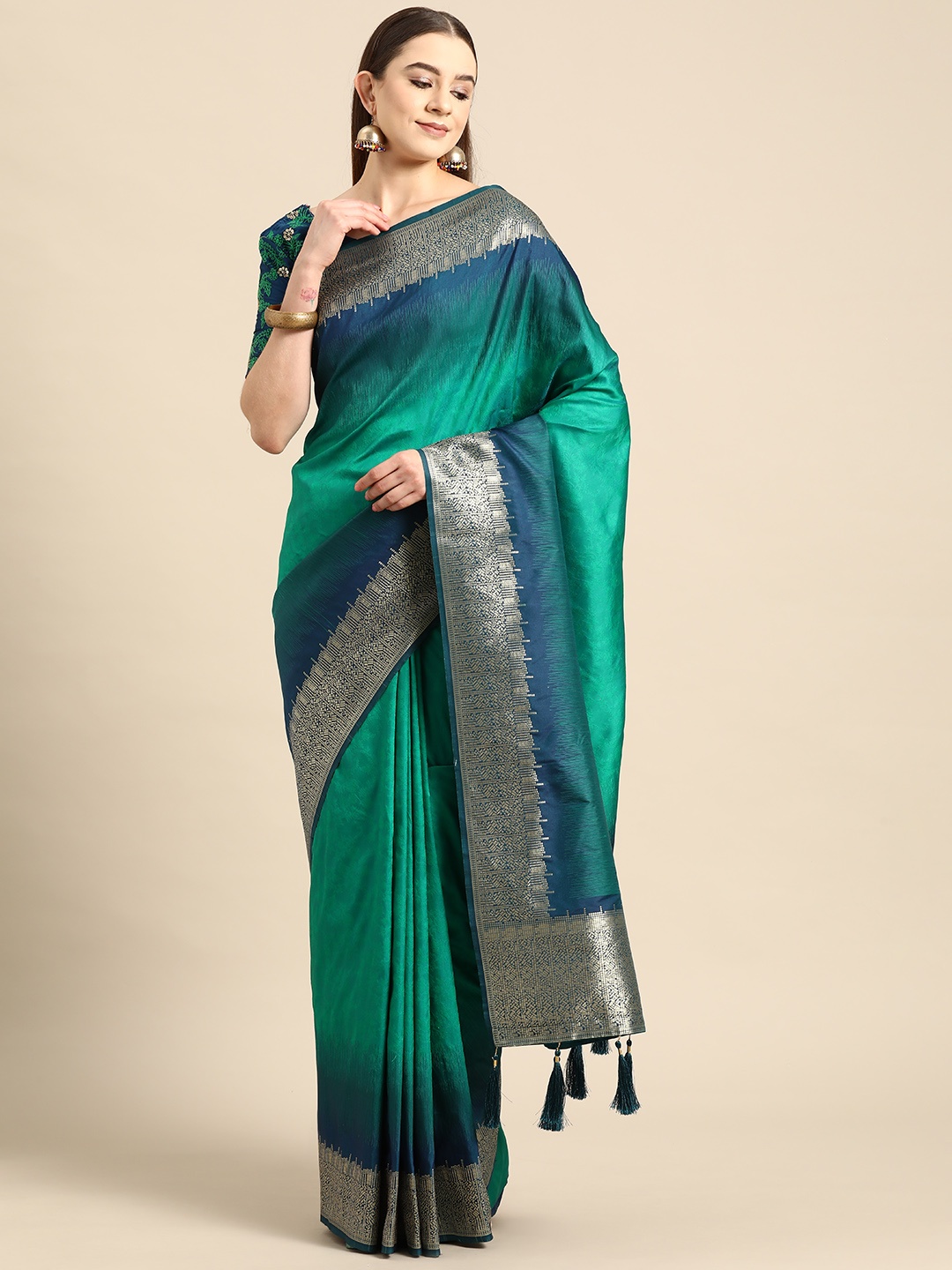 

MANOHARI Blue Woven Design Silk Blend Banarasi Saree