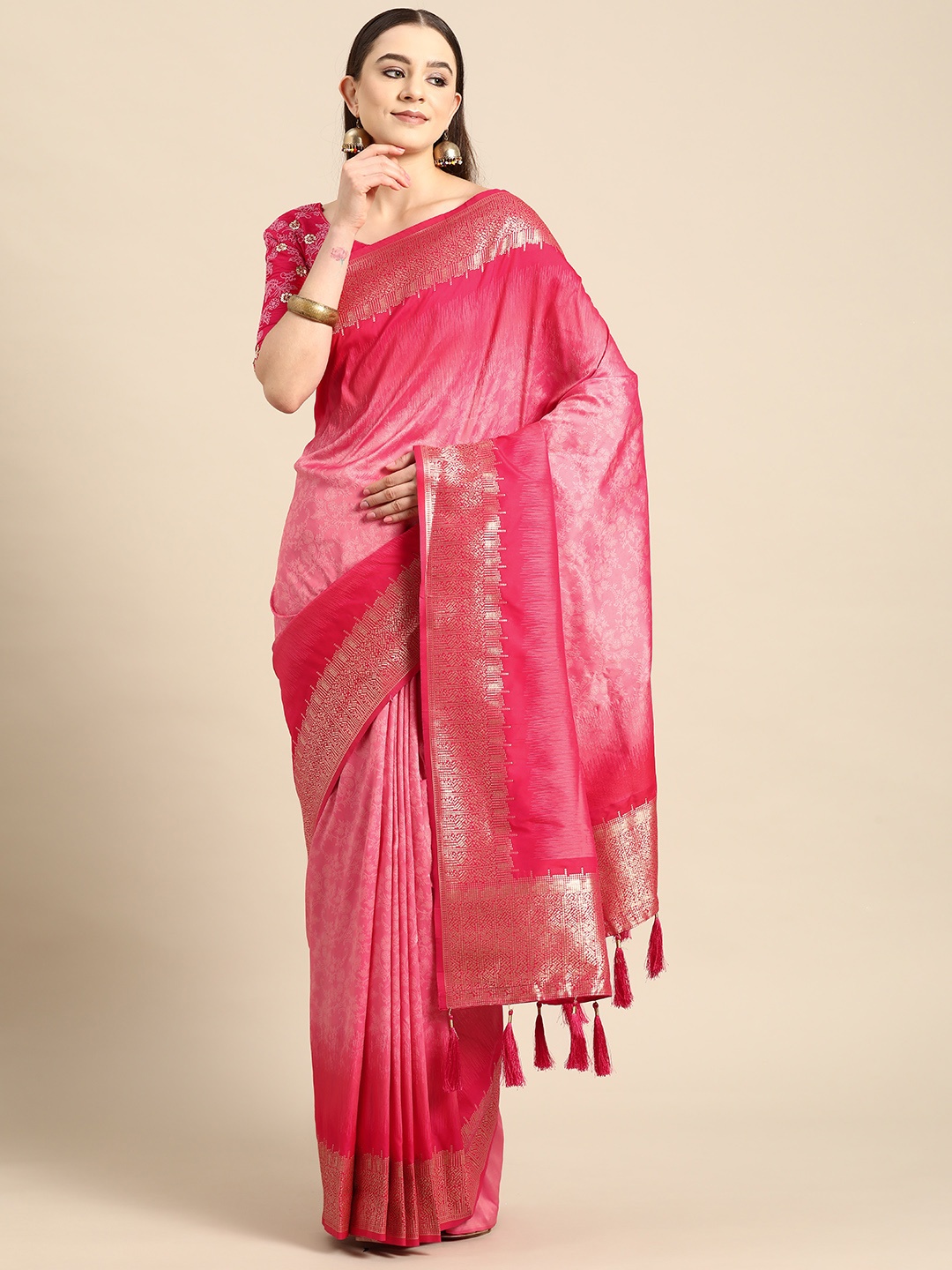 

MANOHARI Pink Woven Design Silk Blend Banarasi Saree