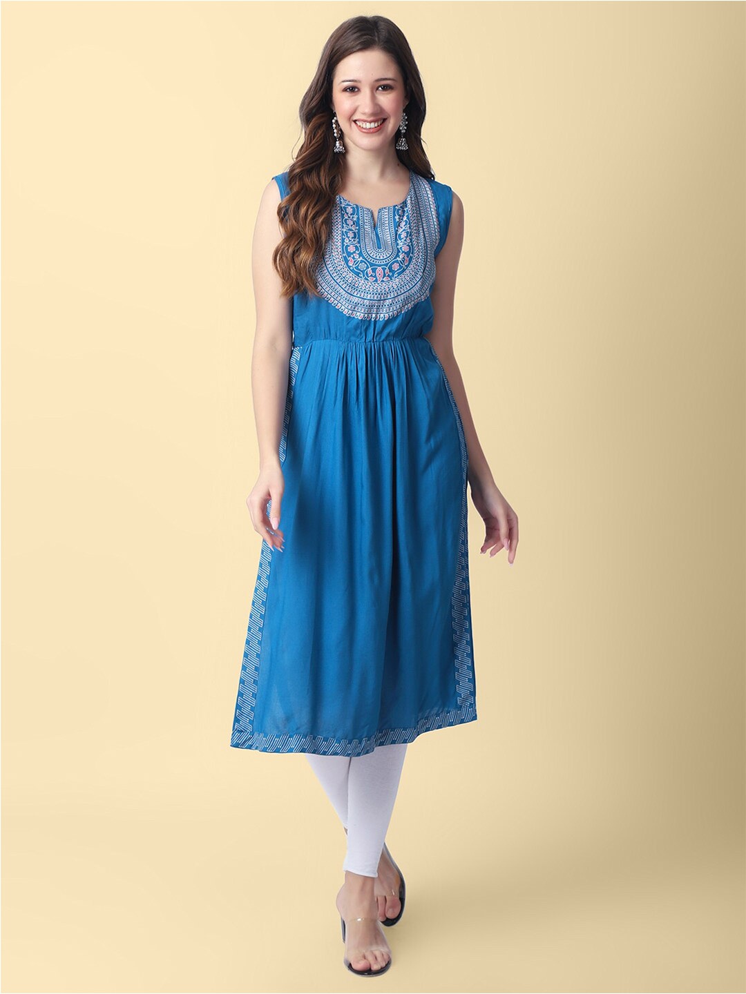 

DAEVISH Ethnic Motifs Printed A-Line Liva Kurta, Blue