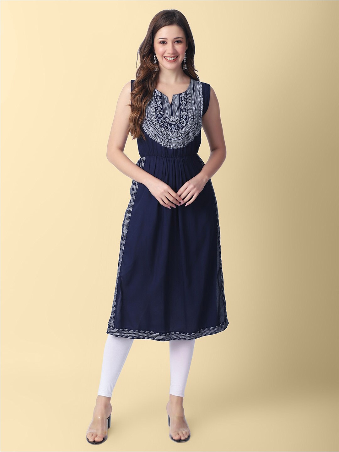 

DAEVISH Ethnic Motifs Printed A-Line Liva Kurta, Navy blue