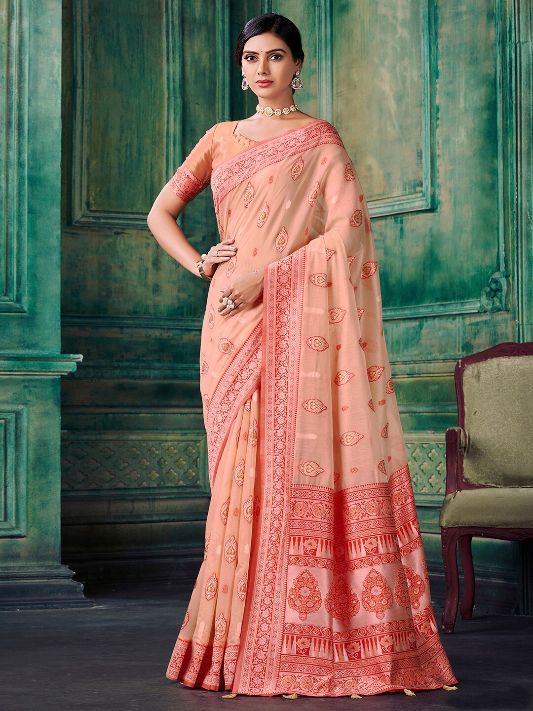 

Satrani Ethnic Motif Poly Cotton Zari Saree With Tassel, Orange