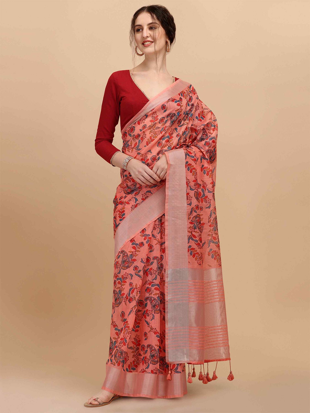 

elora Floral Printed Zari Pure Linen Saree, Peach