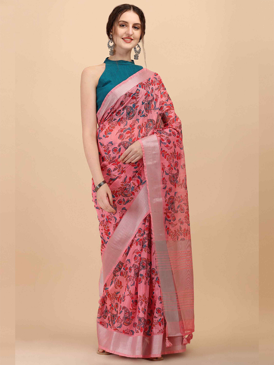 

elora Ethnic Motifs Printed Zari Pure Linen Saree, Pink