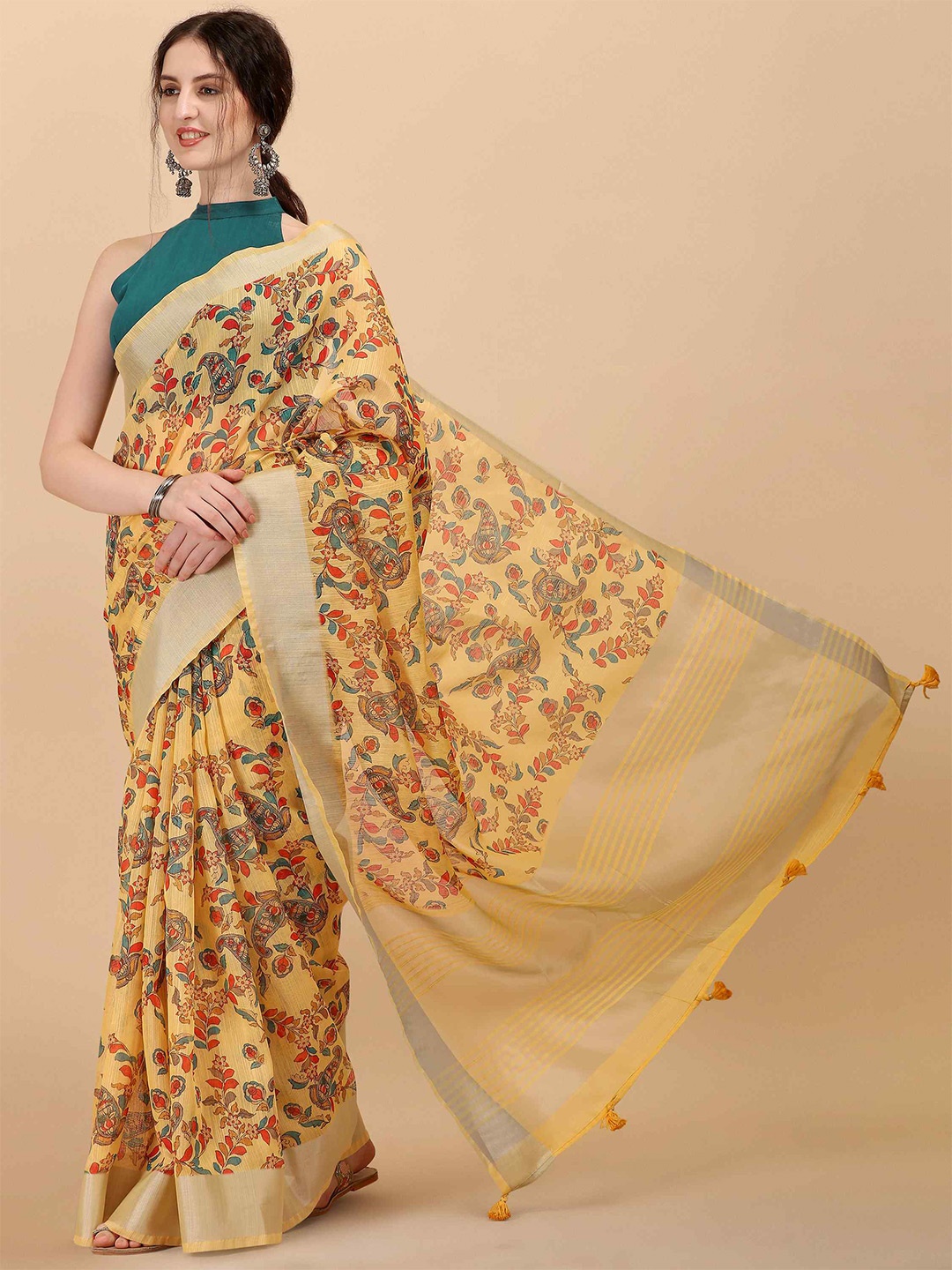 

elora Kalamkari Printed Zari Pure Linen Saree, Yellow
