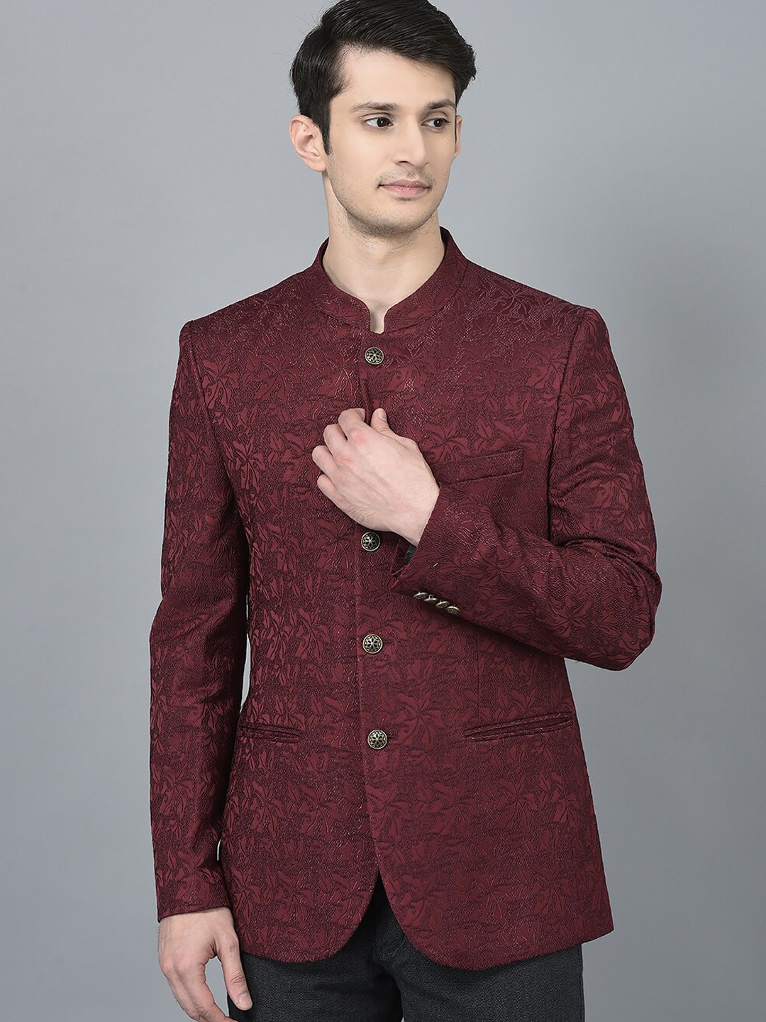 

CANOE Printed Comfort Fit Bandhgala Ethnic Blazer, Maroon