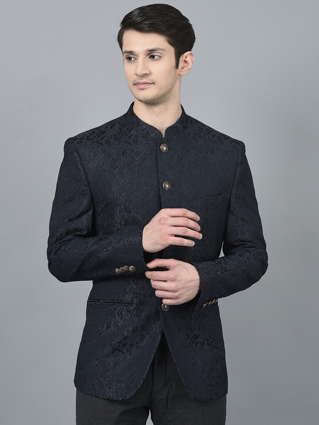 

CANOE Printed Bandhgala Ethnic Blazer, Navy blue