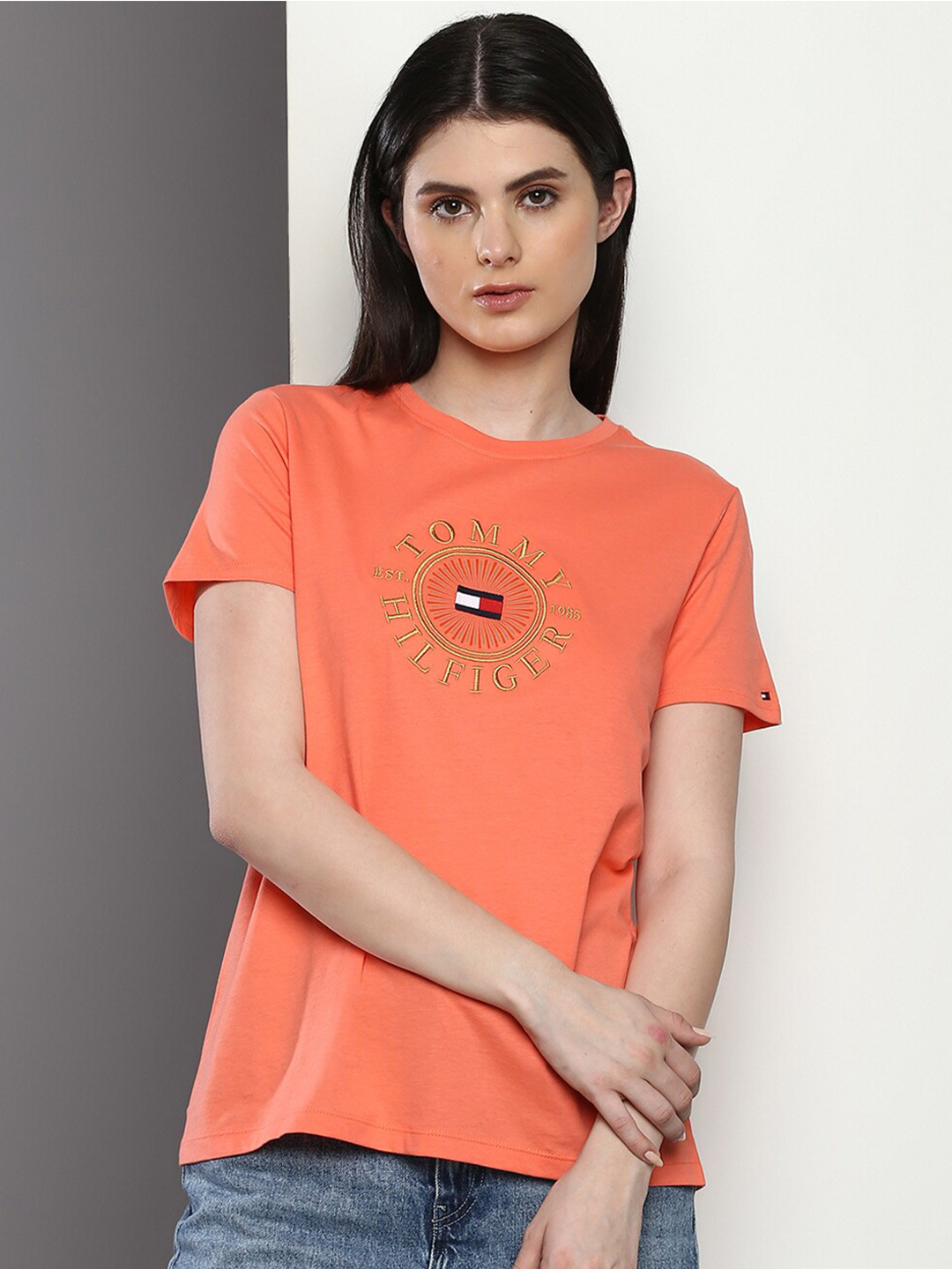 

Tommy Hilfiger Embroidered Typography Pure Cotton T-shirt, Coral