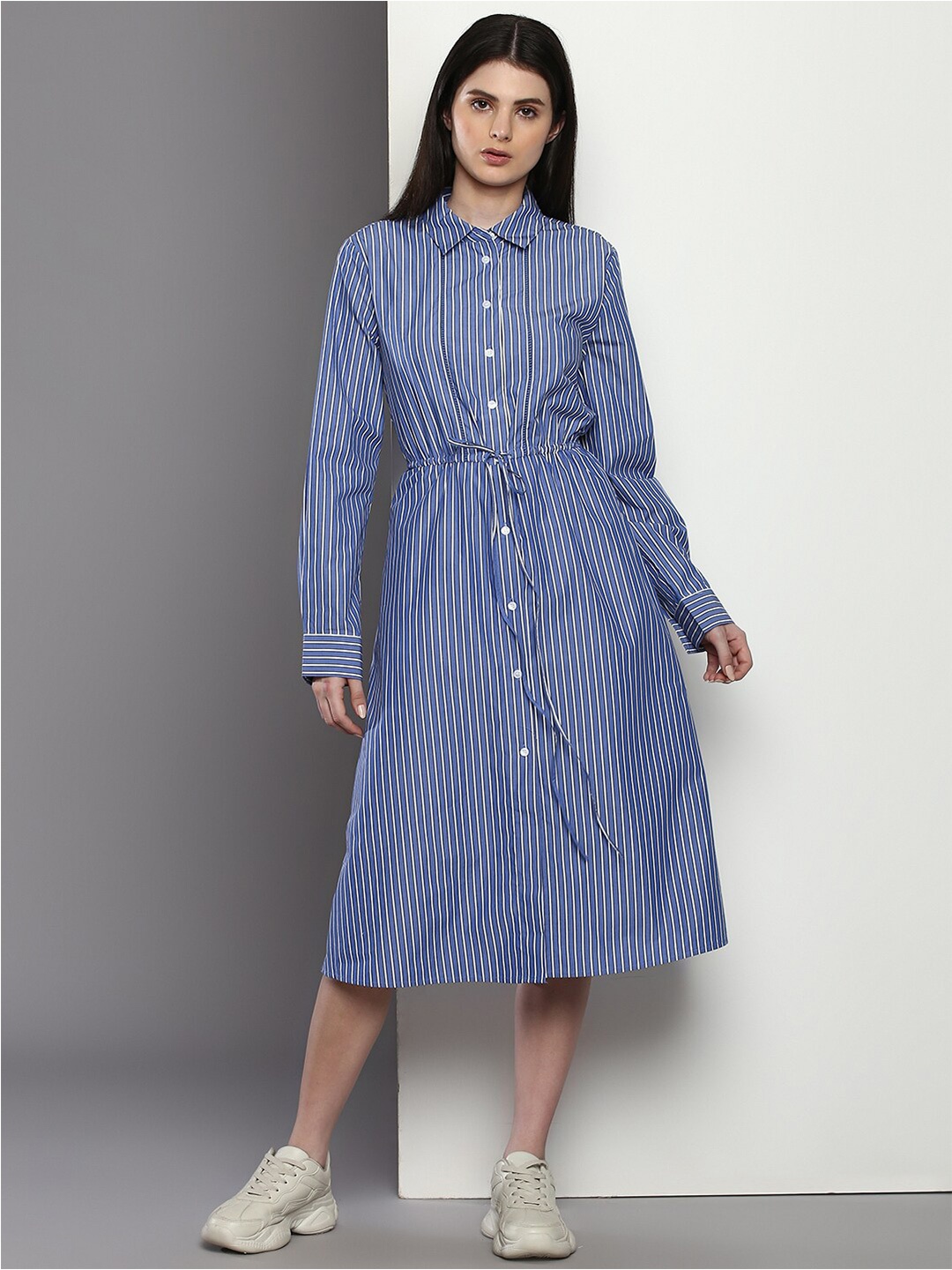 

Tommy Hilfiger Shirt Collar Striped Organic Cotton Shirt Midi Dress, Blue