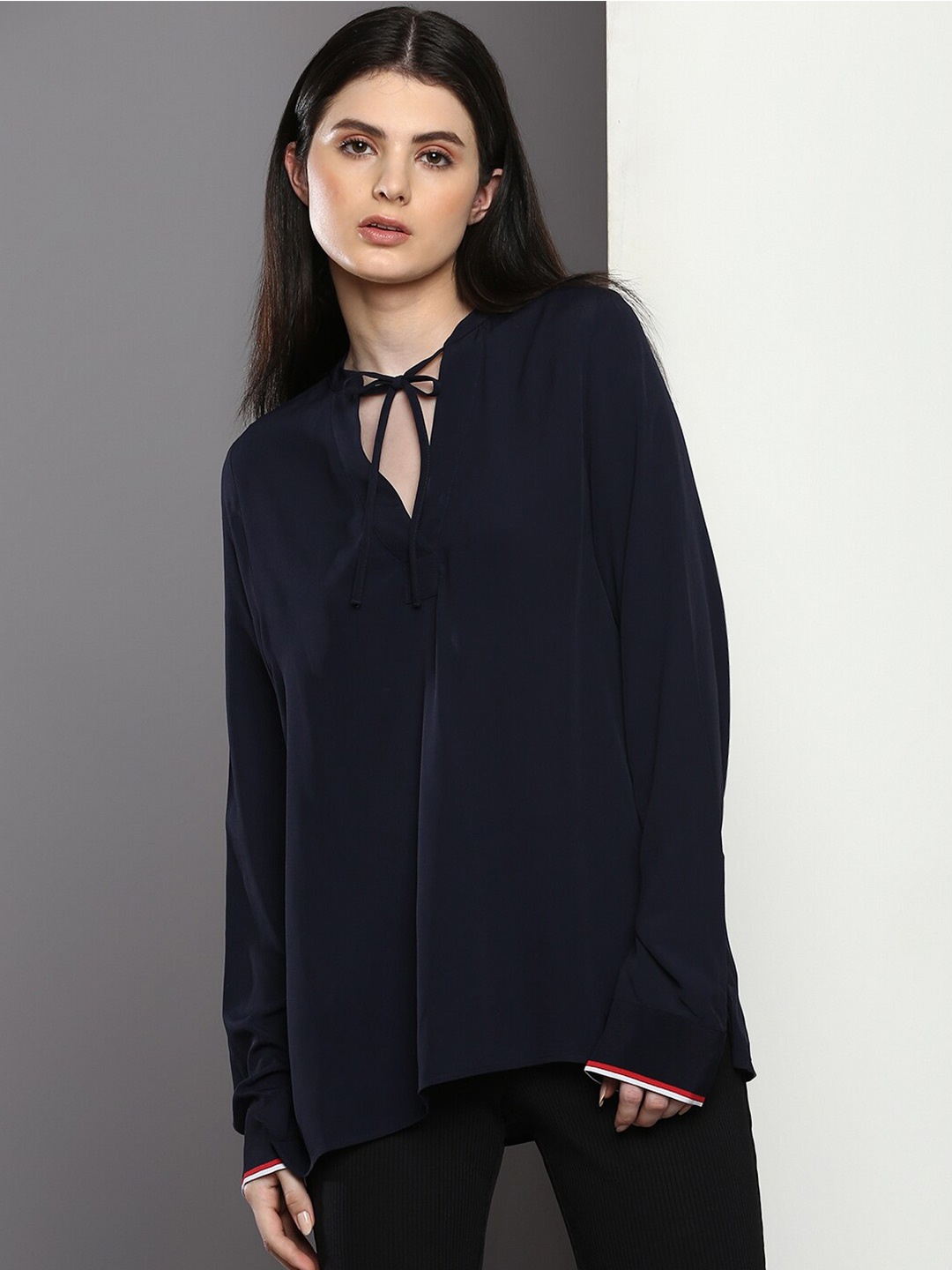 

Tommy Hilfiger Tie-Up Neck Long Cuffed Sleeves Top, Navy blue