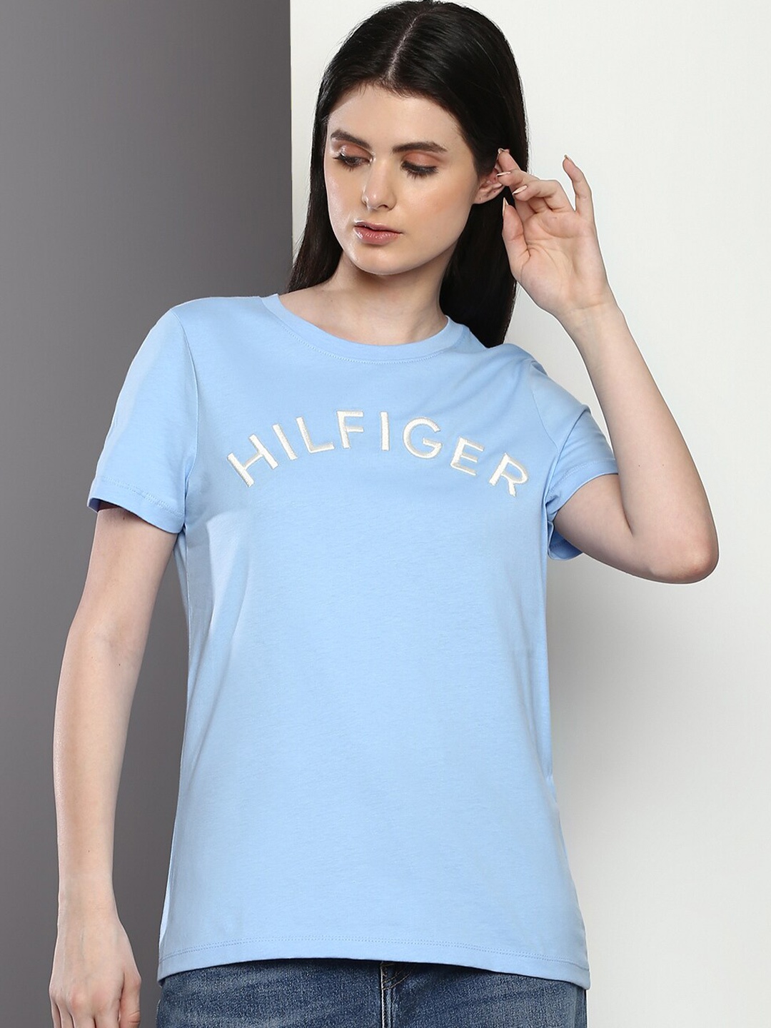 Tommy Hilfiger Typography Printed Pure Cotton Casual T-shirt, Blue