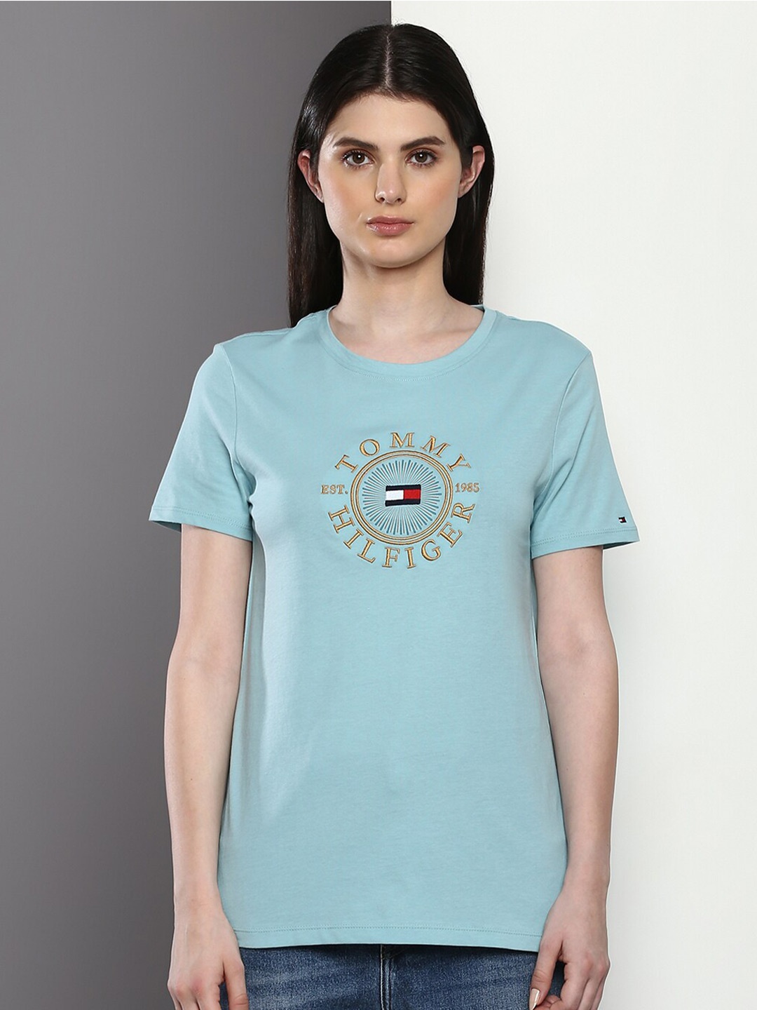 

Tommy Hilfiger Embroidered Typography Pure Cotton T-shirt, Blue