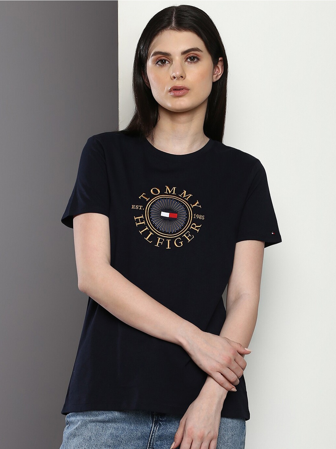 

Tommy Hilfiger Typography Printed Cotton T-shirt, Navy blue