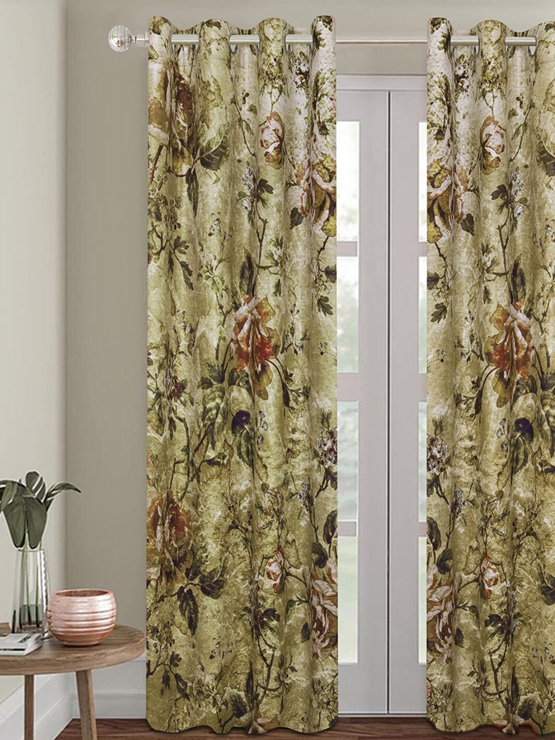 

ROMEE Olive Green & Beige Floral Room Darkening Door Curtain