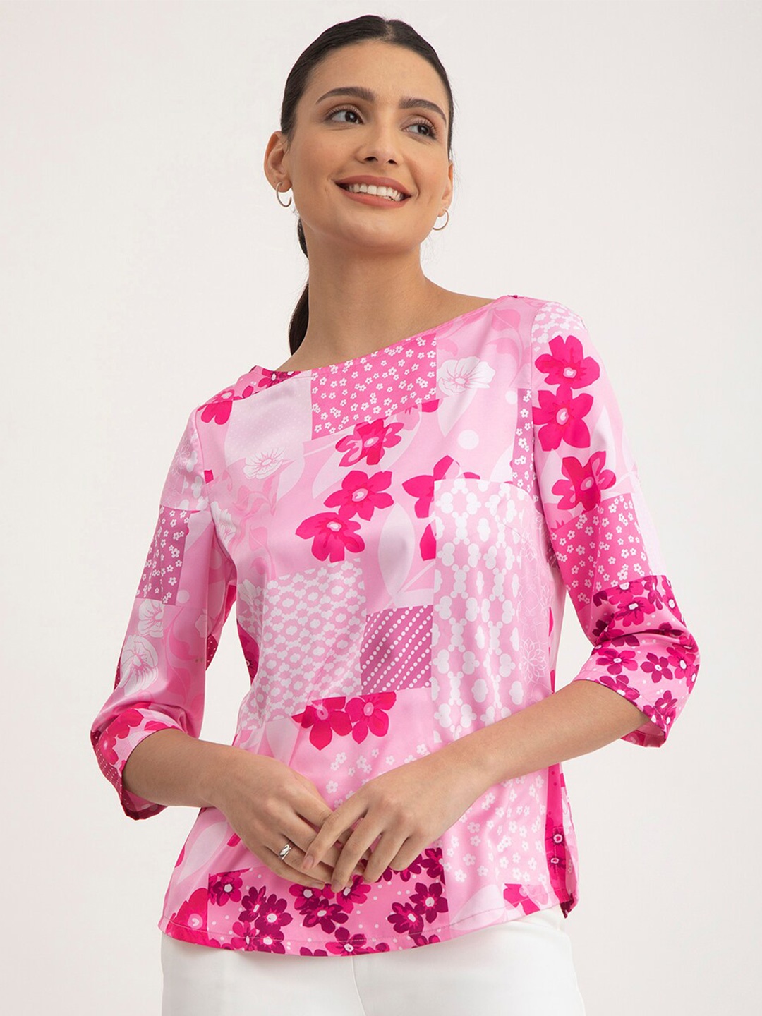 

FableStreet Floral Printed Boat Neck Satin Top, Pink