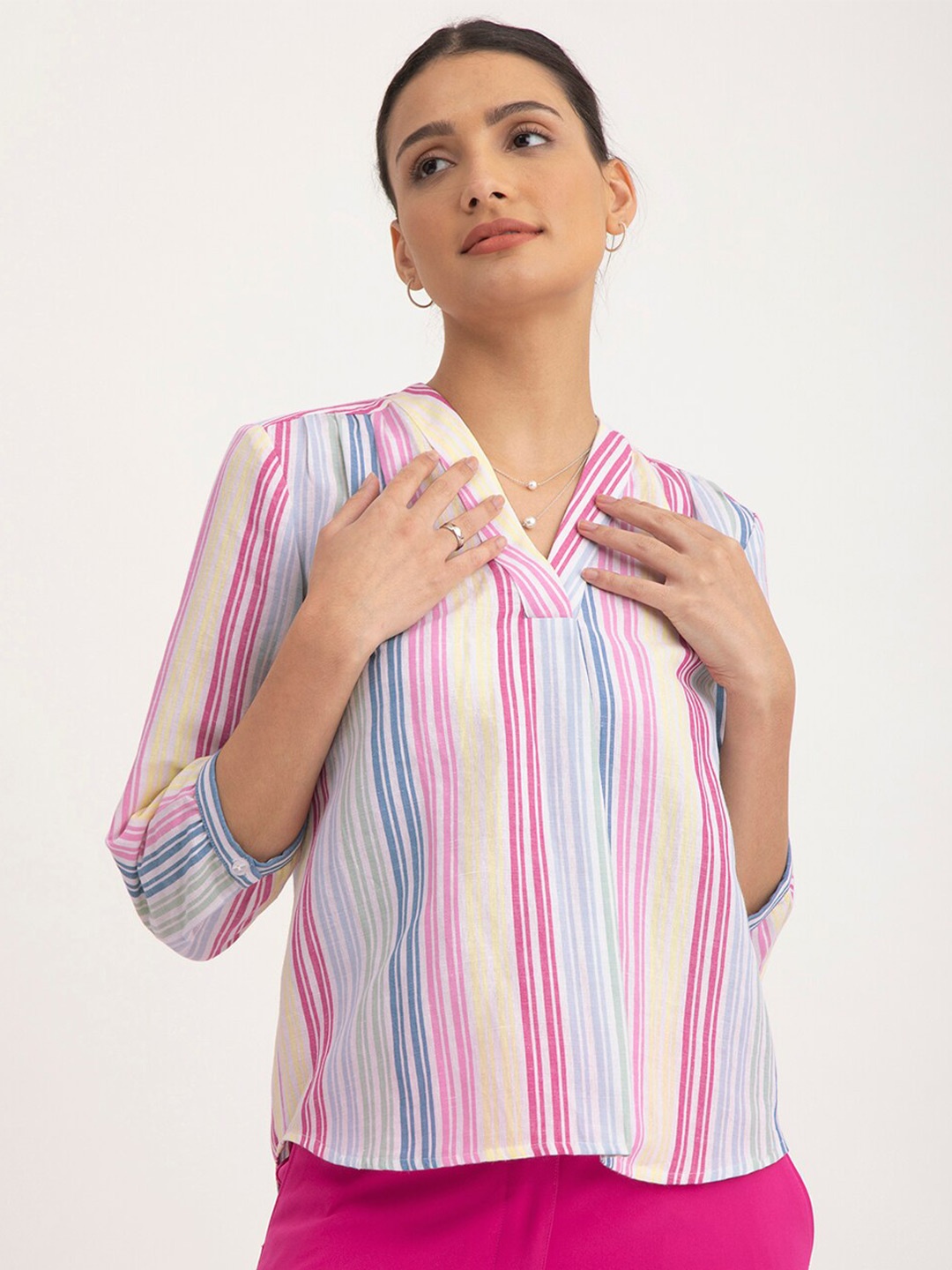 

FableStreet Striped V-Neck Cotton Top, White