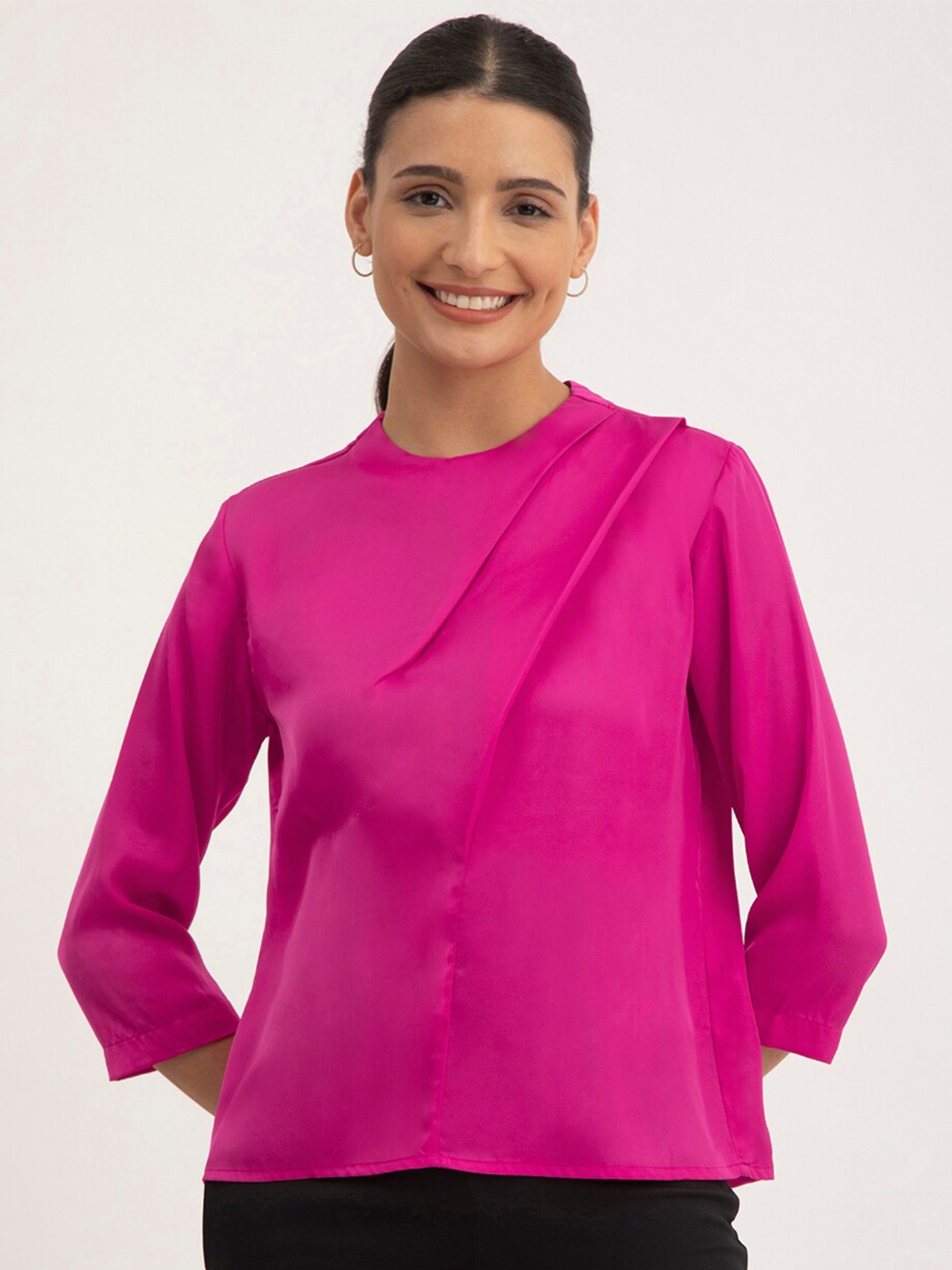 

FableStreet Round Neck Three-Quarter Sleeves Satin Top, Fuchsia