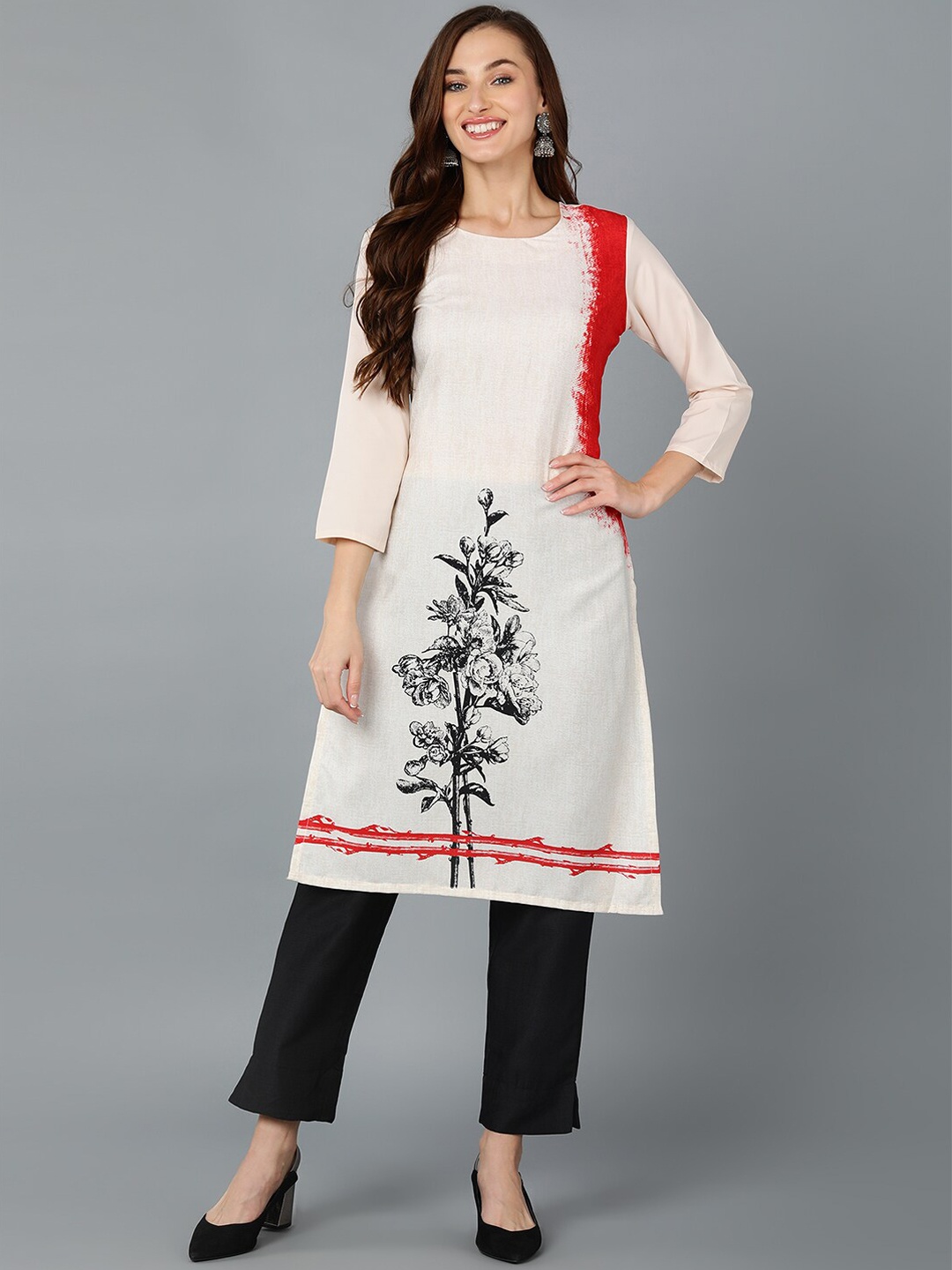 

AHIKA Floral Printed Regular Sleeves Straight Kurta, Off white
