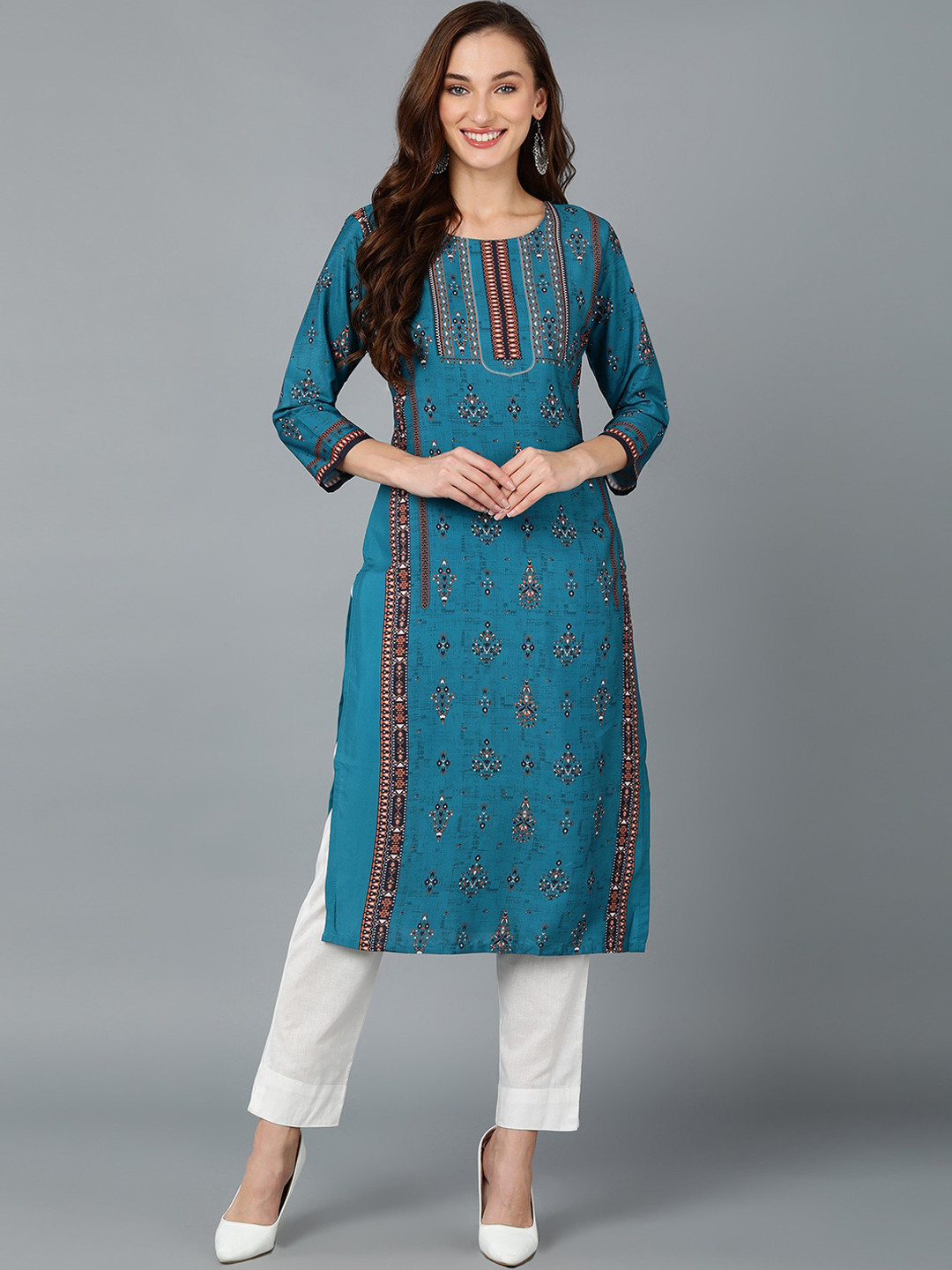 

AHIKA Women Teal Geometric Striped Keyhole Neck Gotta Patti Kurta
