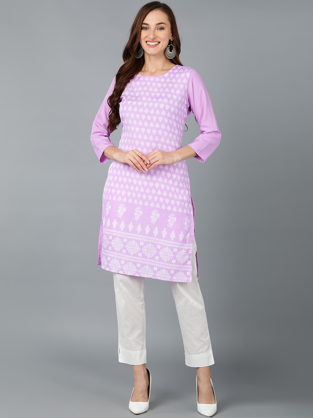 

AHIKA Ethnic Motifs Printed Round Neck Kurta, Lavender