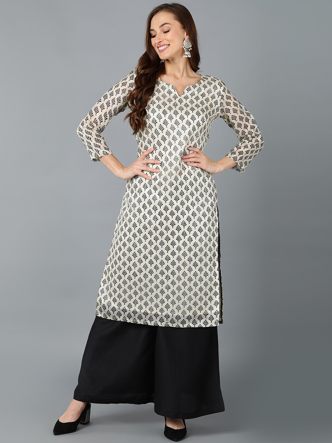 

AHIKA Ethnic Motifs Printed Round Neck Kurta, Off white