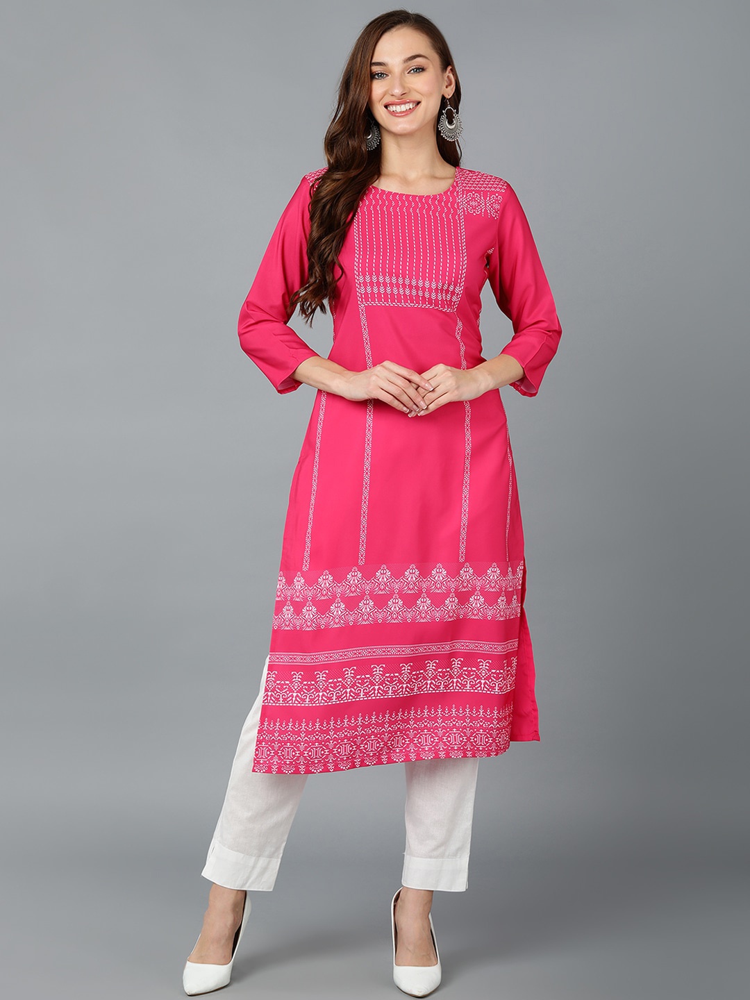 

AHIKA Ethnic Motifs Printed Round Neck Kurta, Pink