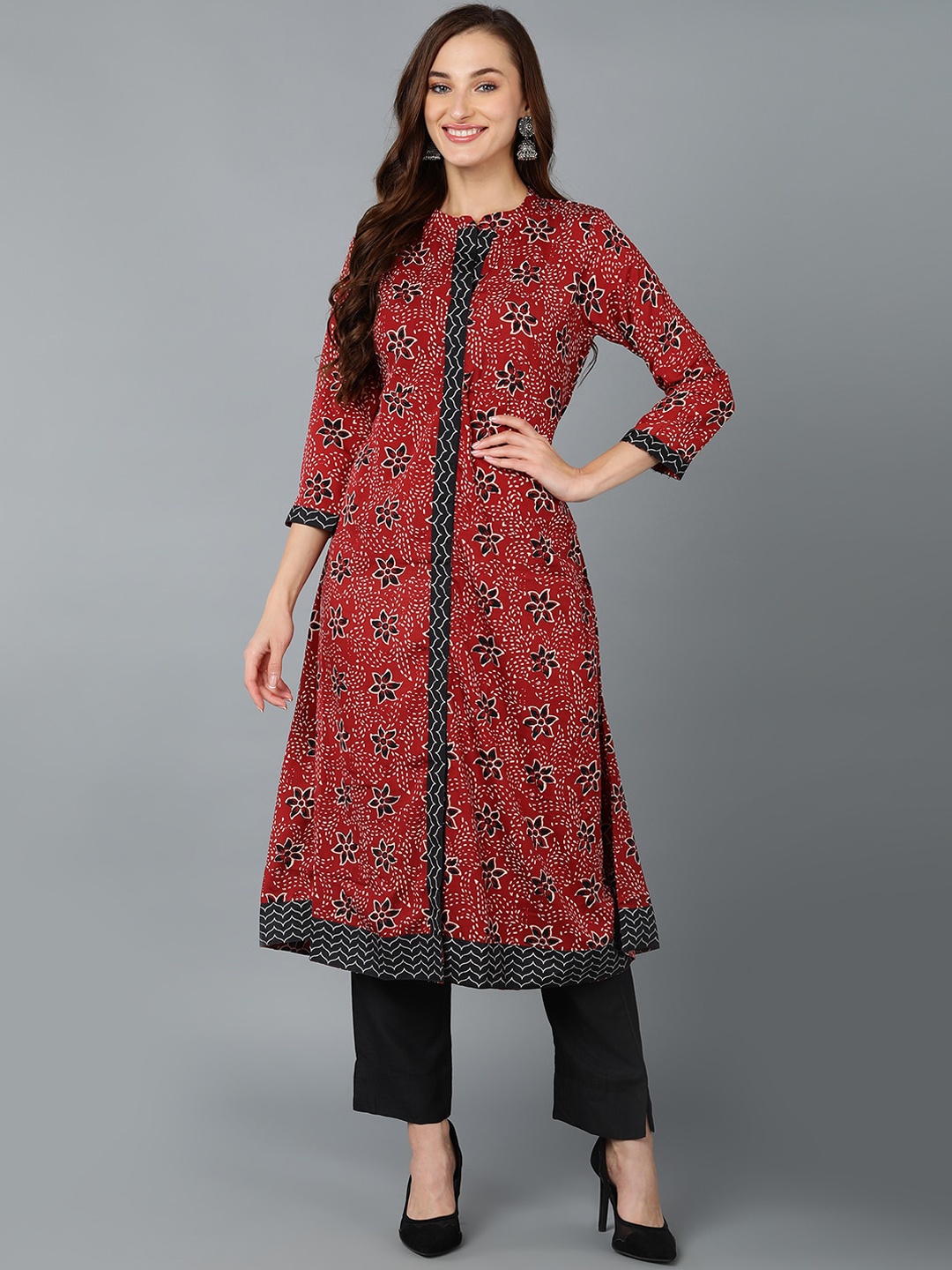 

AHIKA Floral Printed Band Collar A-Line Kurta, Rust