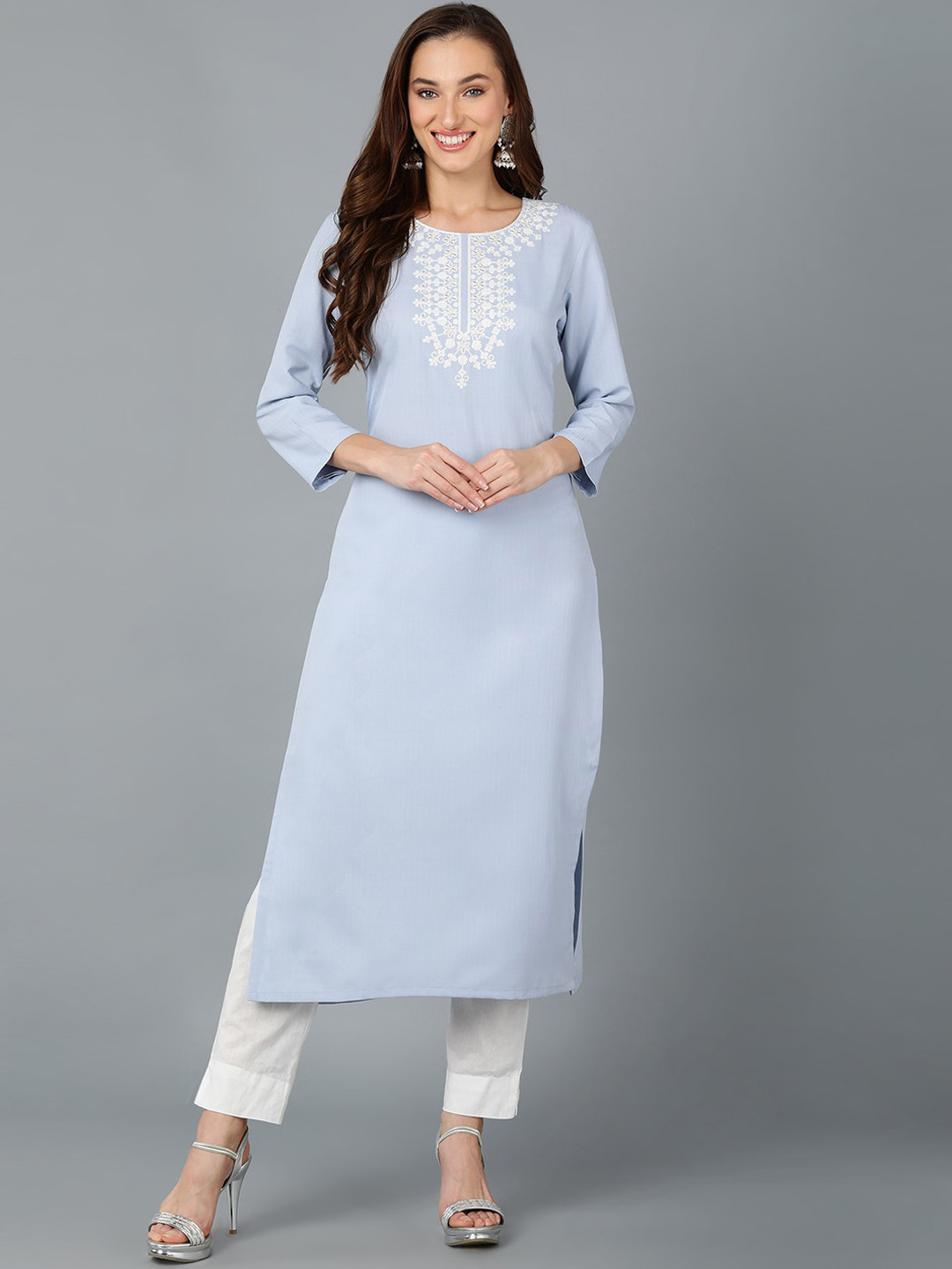 

AHIKA Ethnic Motifs Yoke Design Thread Work Kurta, Blue