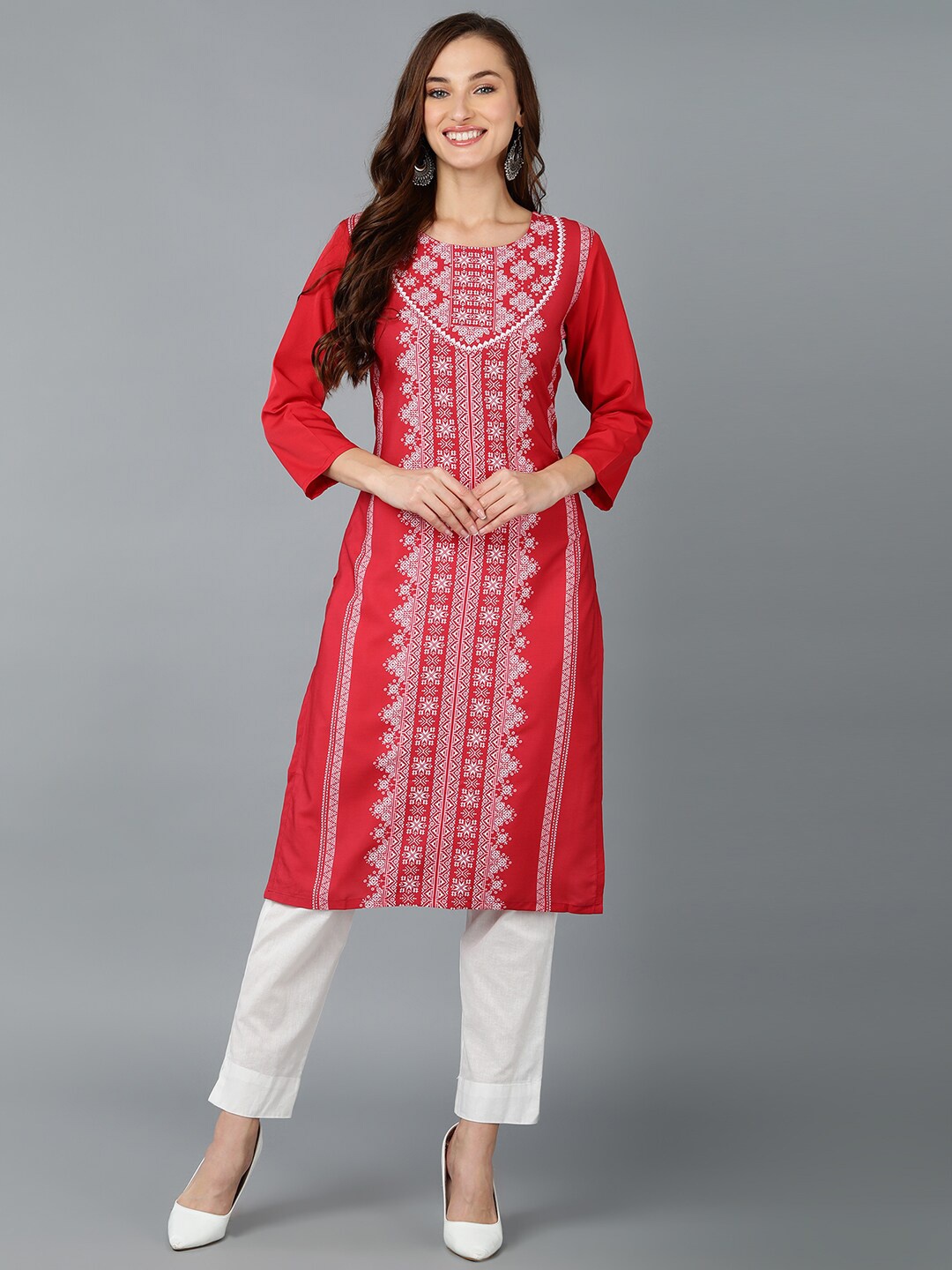 

AHIKA Ethnic Motifs Printed Round Neck Kurta, Maroon