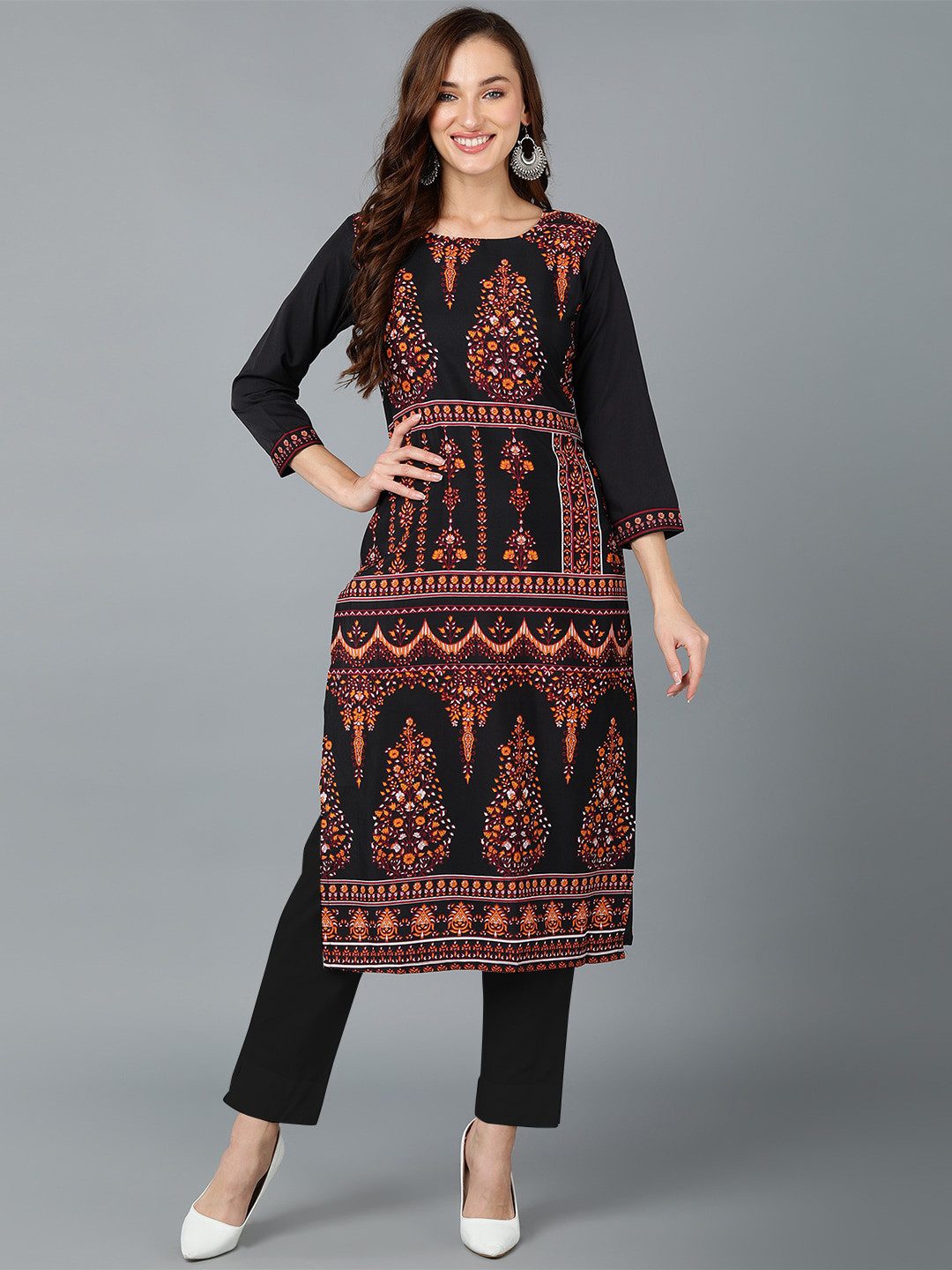 

AHIKA Ethnic Motifs Printed Round Neck Kurta, Black