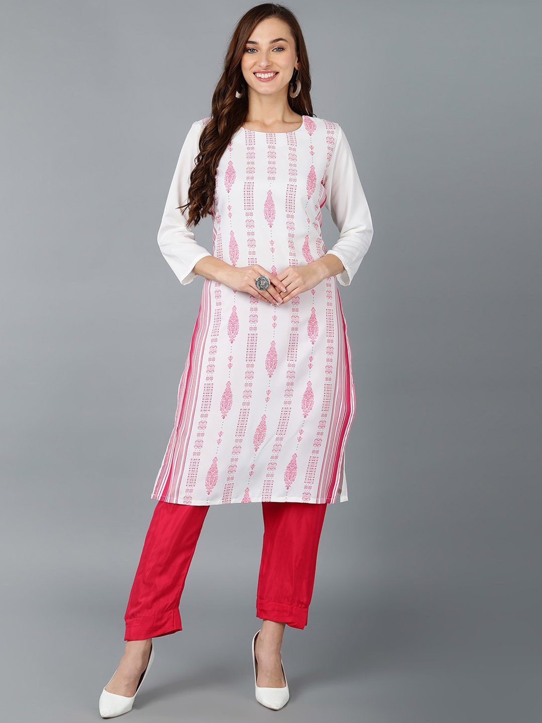 

AHIKA Ethnic Motifs Printed Round Neck Kurta, White